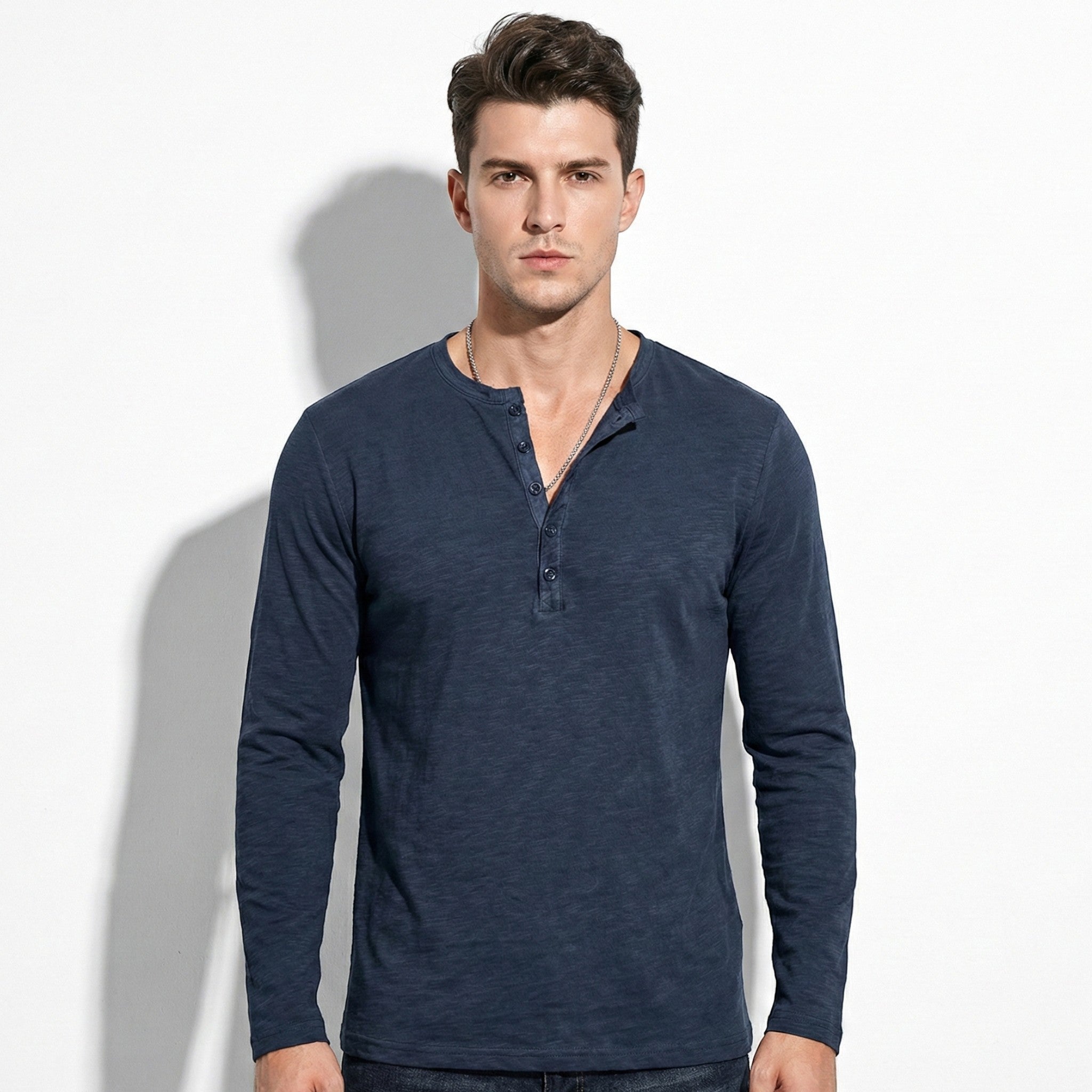 Archie - Men's Long Sleeve Henley Shirt with Button Placket - Henley Men - Blue - Jones & Smith
