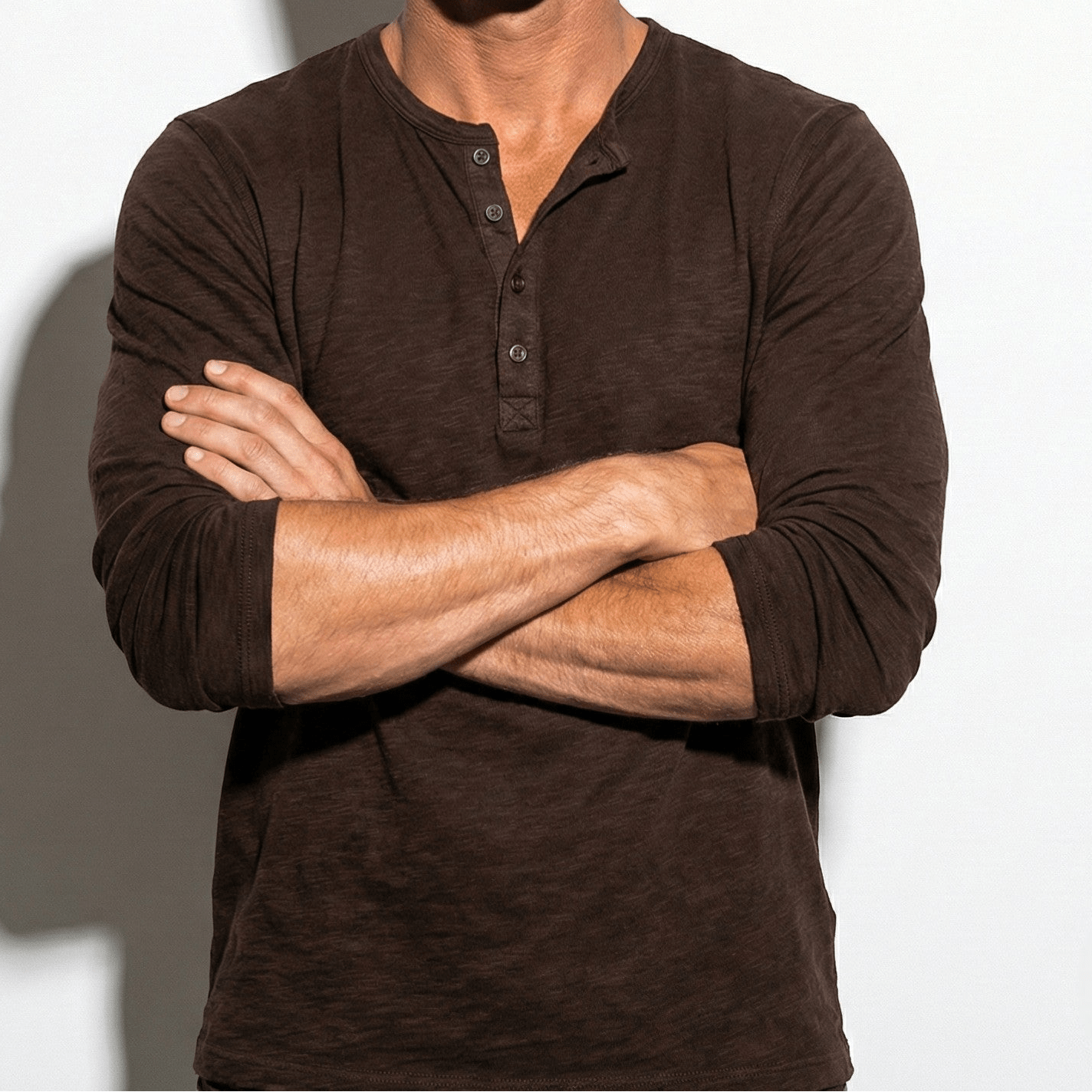 Archie - Men's Long Sleeve Henley Shirt with Button Placket - Henley Men - Brown - Jones & Smith