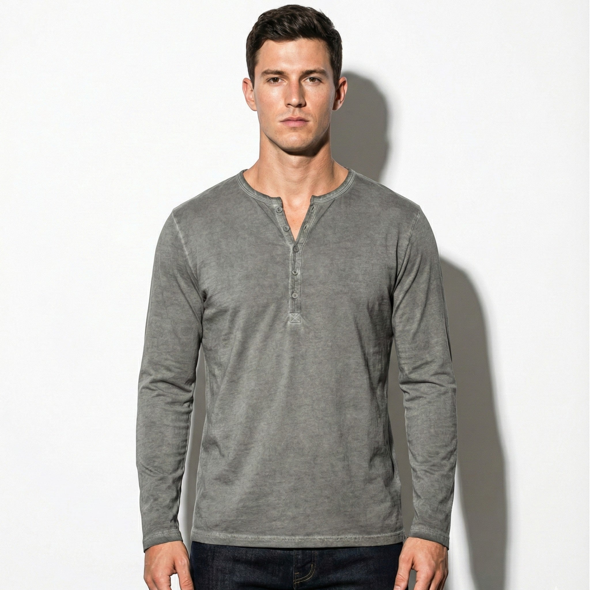 Archie - Men's Long Sleeve Henley Shirt with Button Placket - Henley Men - Light Grey - Jones & Smith
