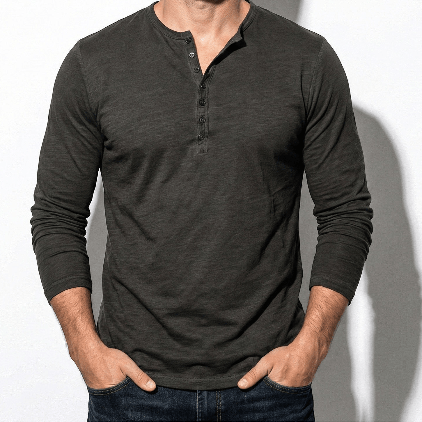 Archie - Men's Long Sleeve Henley Shirt with Button Placket - Henley Men - Dark Grey - Jones & Smith