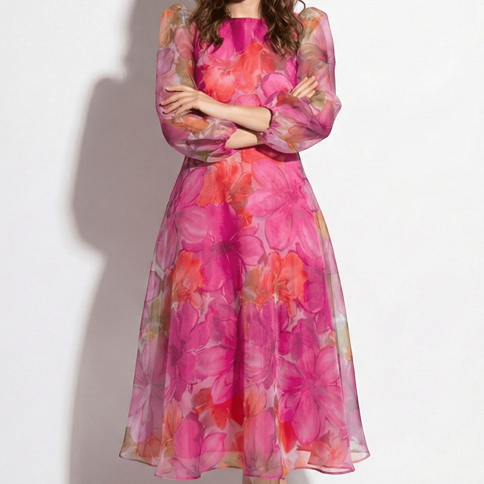Aria - Women's Floral Print Midi Dress with Sheer Sleeves - dress - Pink - Jones & Smith