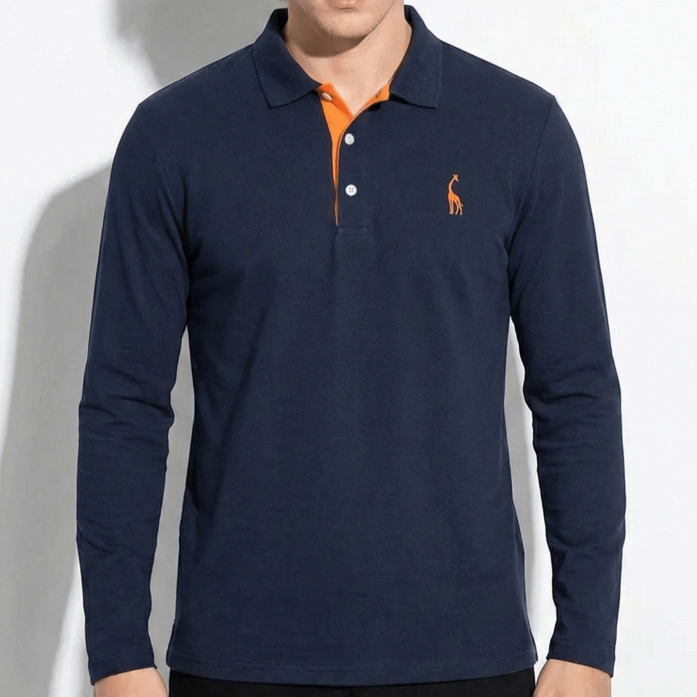 Arthur - Men's Long - Sleeved Polo Shirt with Contrast Detail - New - Navy Blue - Jones & Smith