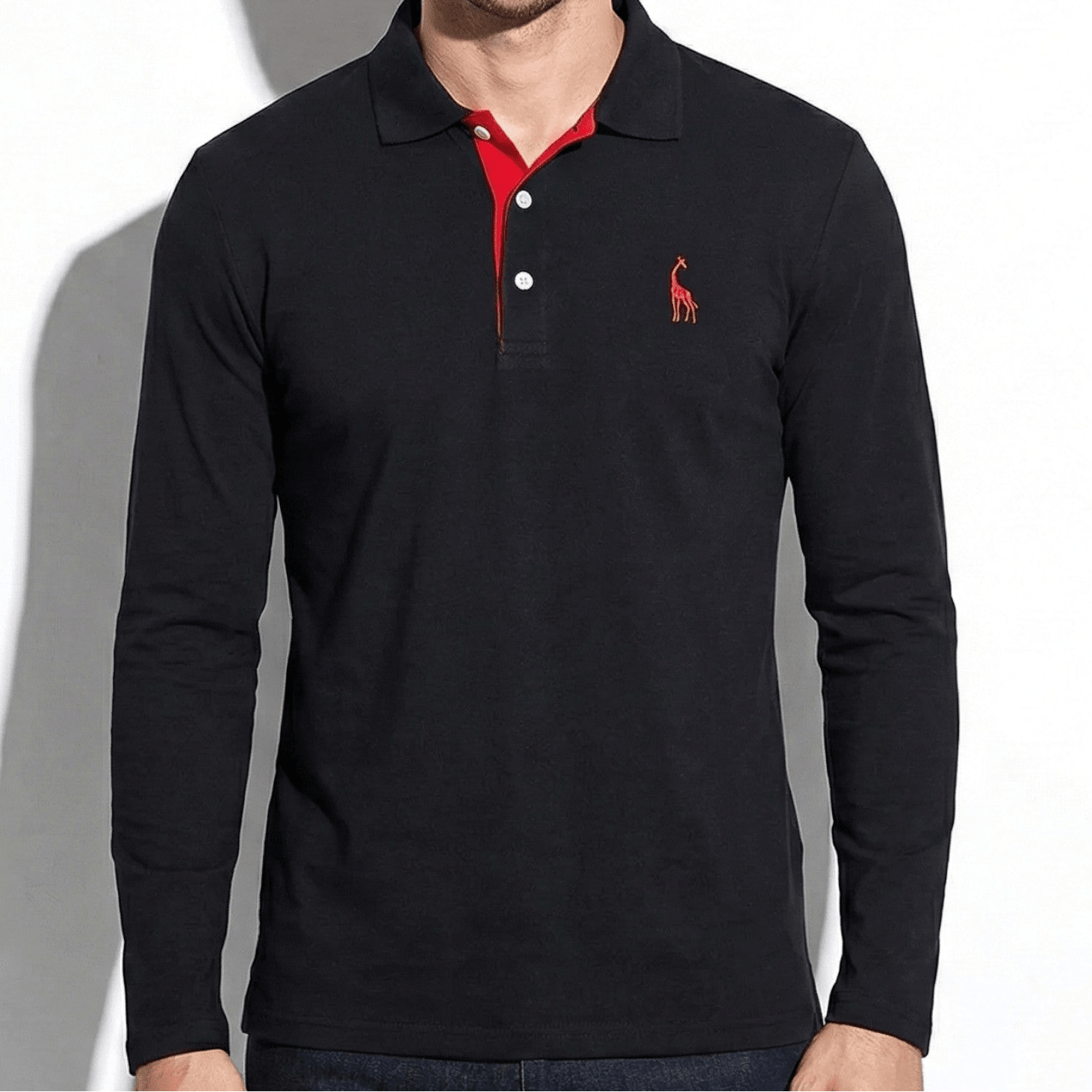 Arthur - Men's Long - Sleeved Polo Shirt with Contrast Detail - New - Black - Jones & Smith