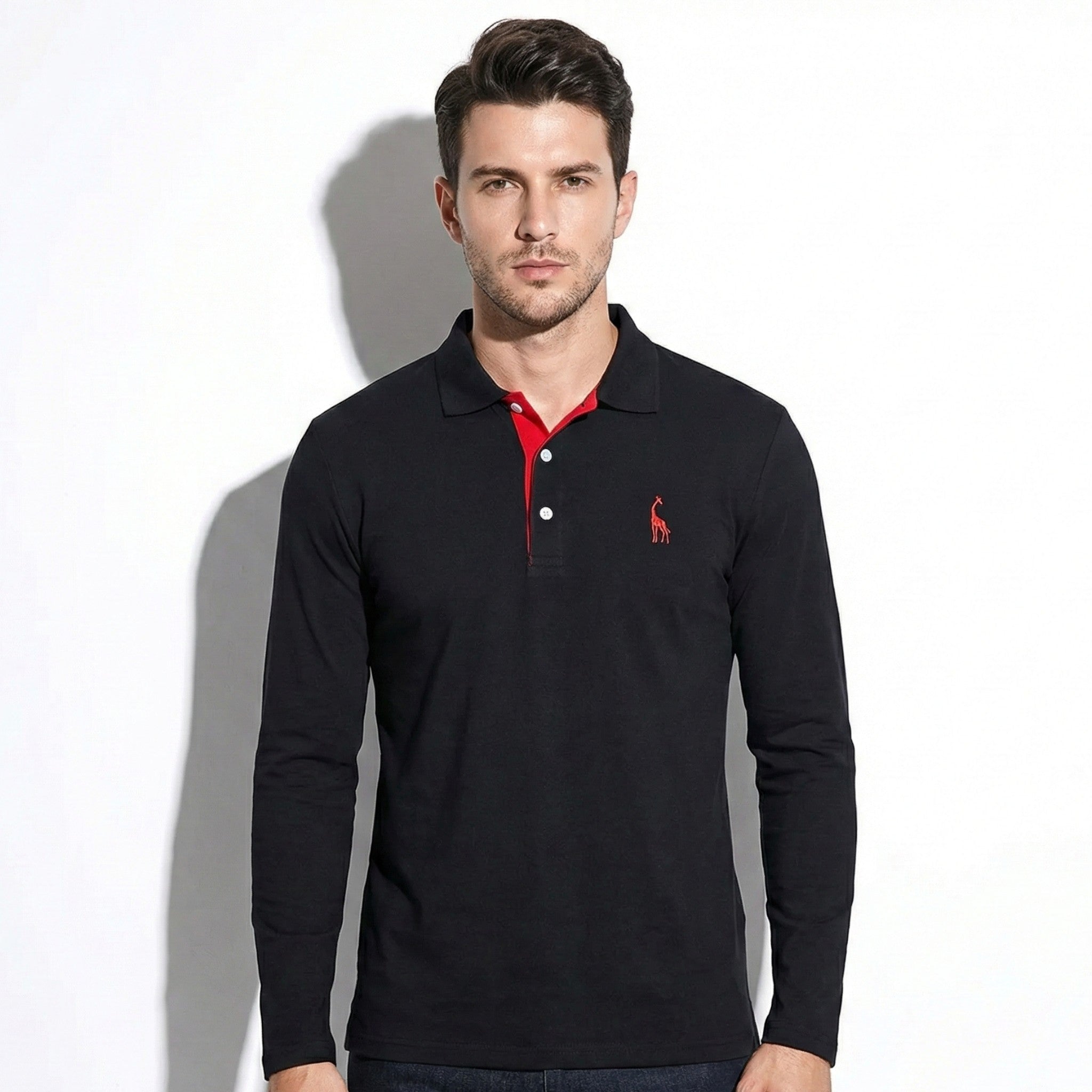 Arthur - Men's Long - Sleeved Polo Shirt with Contrast Detail - New - Black - Jones & Smith
