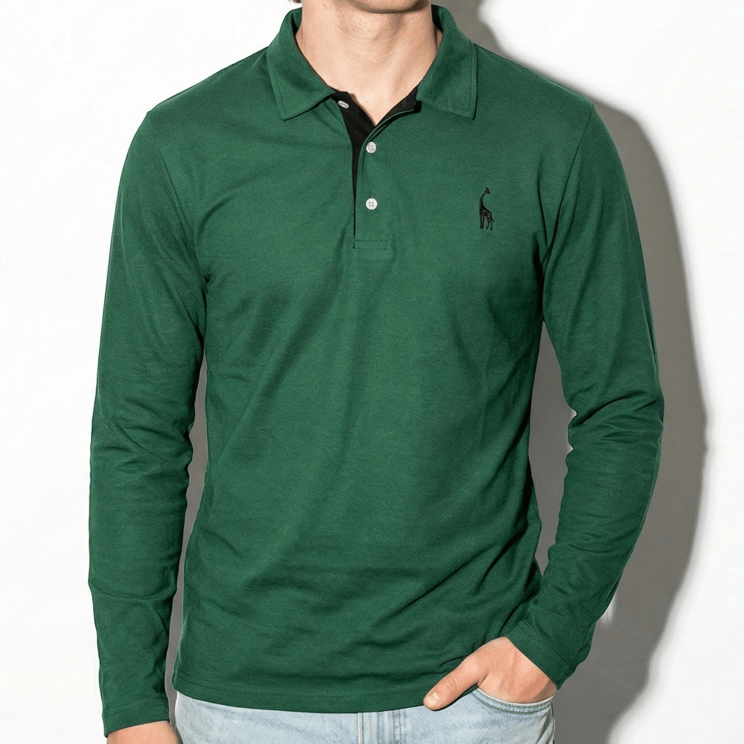 Arthur - Men's Long - Sleeved Polo Shirt with Contrast Detail - New - Green - Jones & Smith