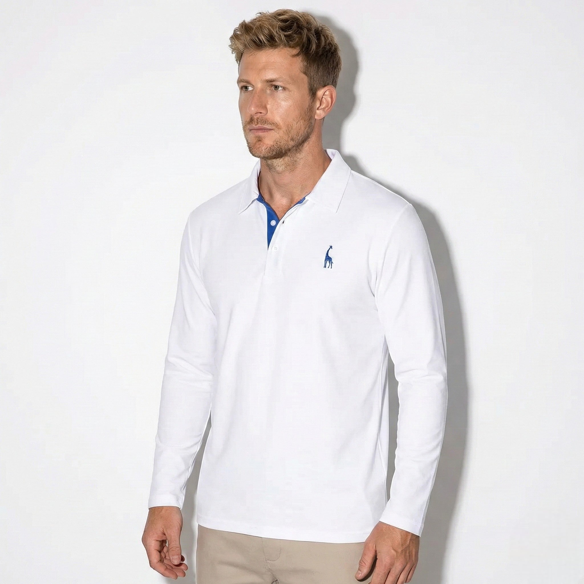 Arthur - Men's Long - Sleeved Polo Shirt with Contrast Detail - New - White - Jones & Smith