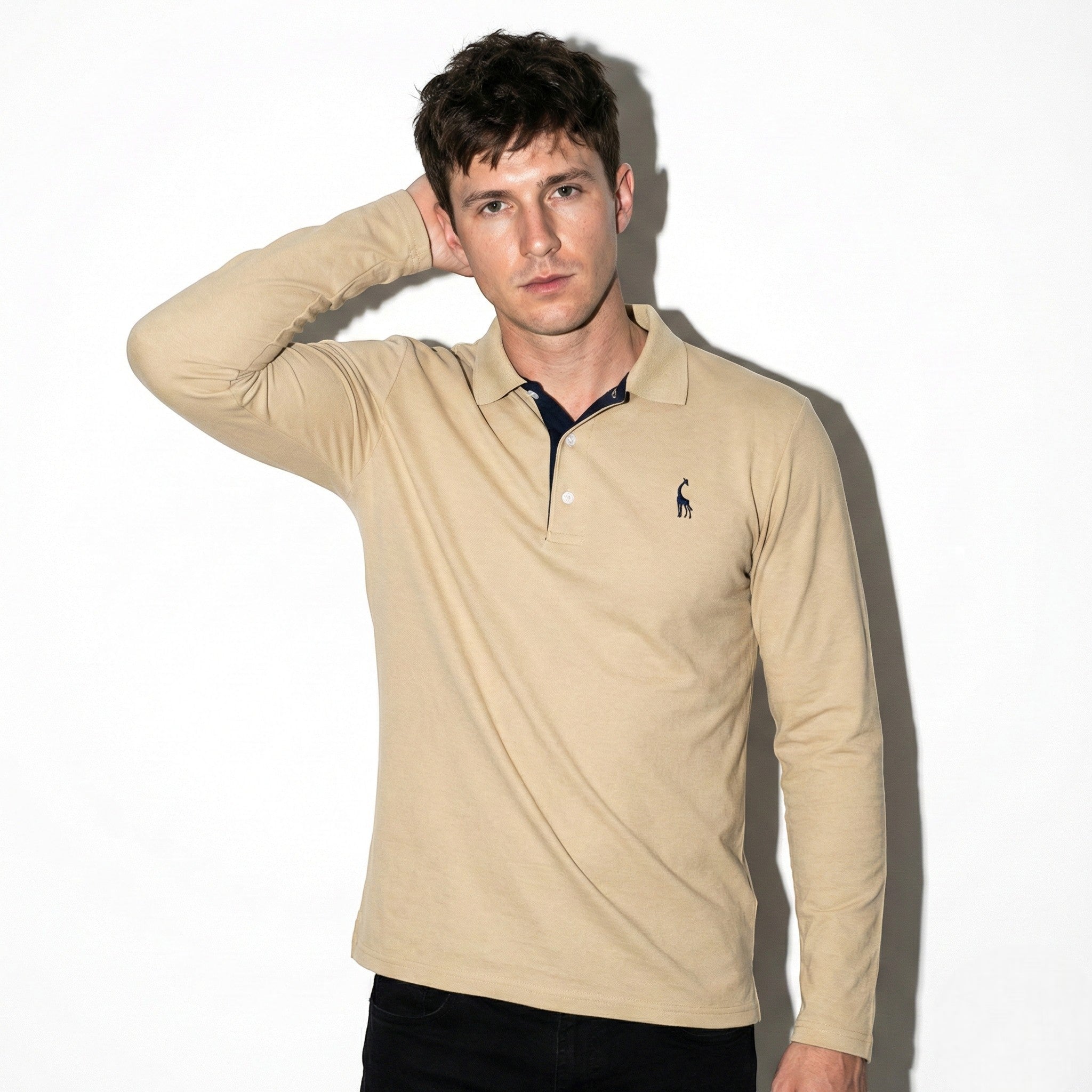 Arthur - Men's Long - Sleeved Polo Shirt with Contrast Detail - New - Khaki - Jones & Smith