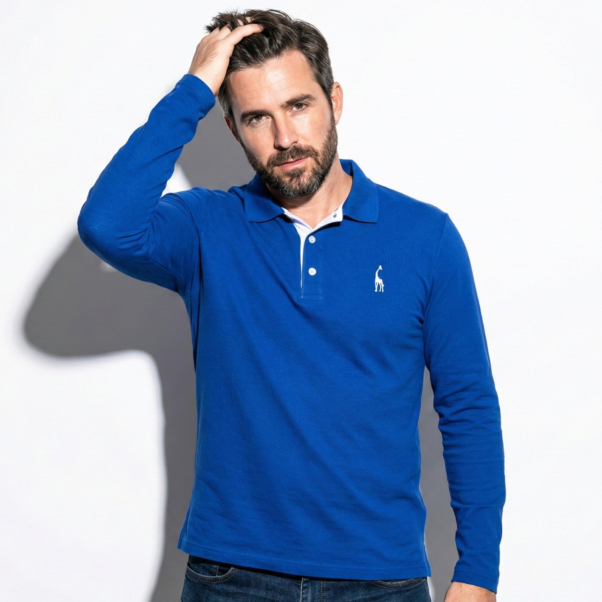 Arthur - Men's Long - Sleeved Polo Shirt with Contrast Detail - New - Blue - Jones & Smith