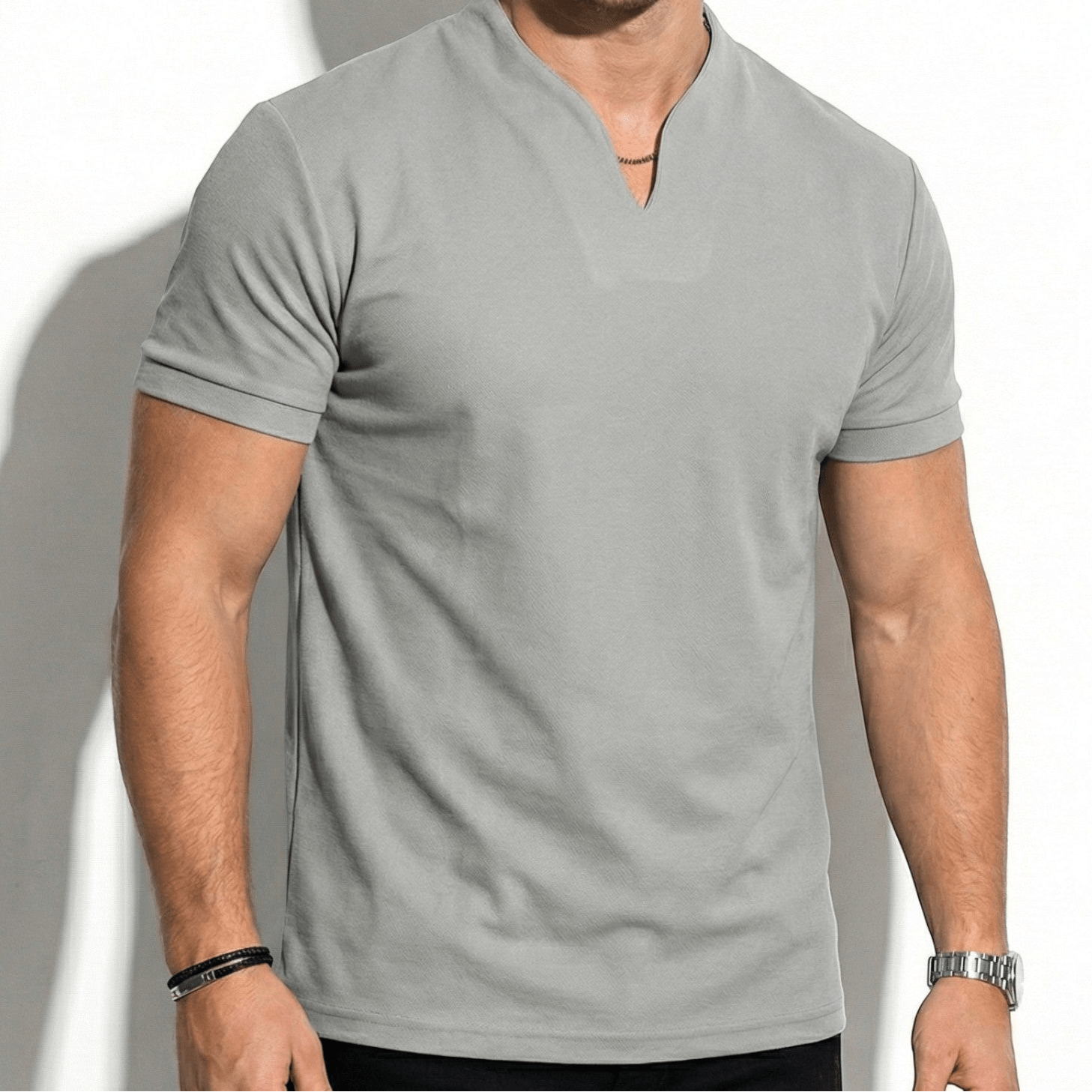 Arthur - Men's Notch Neck Short Sleeve Top - Poloshirt - Light Grey - Jones & Smith