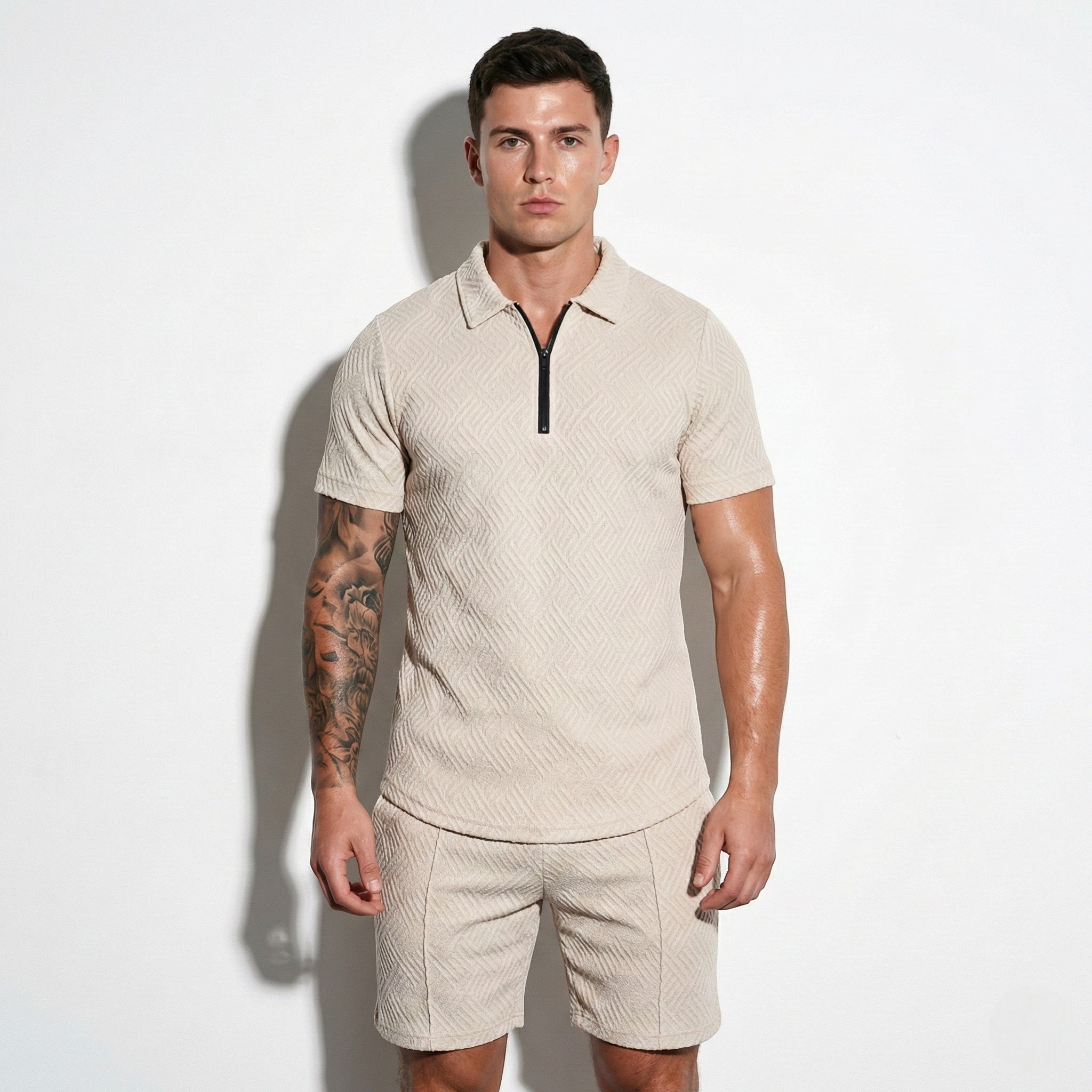 Arthur - Men's Quarter - Zip Polo Shirt and Shorts Set - Short set - Beige - Jones & Smith