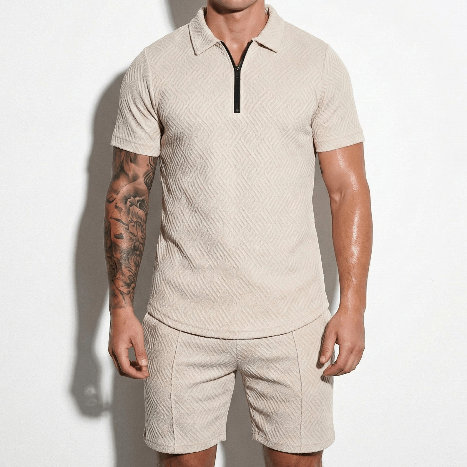 Arthur - Men's Quarter - Zip Polo Shirt and Shorts Set - Short set - Beige - Jones & Smith