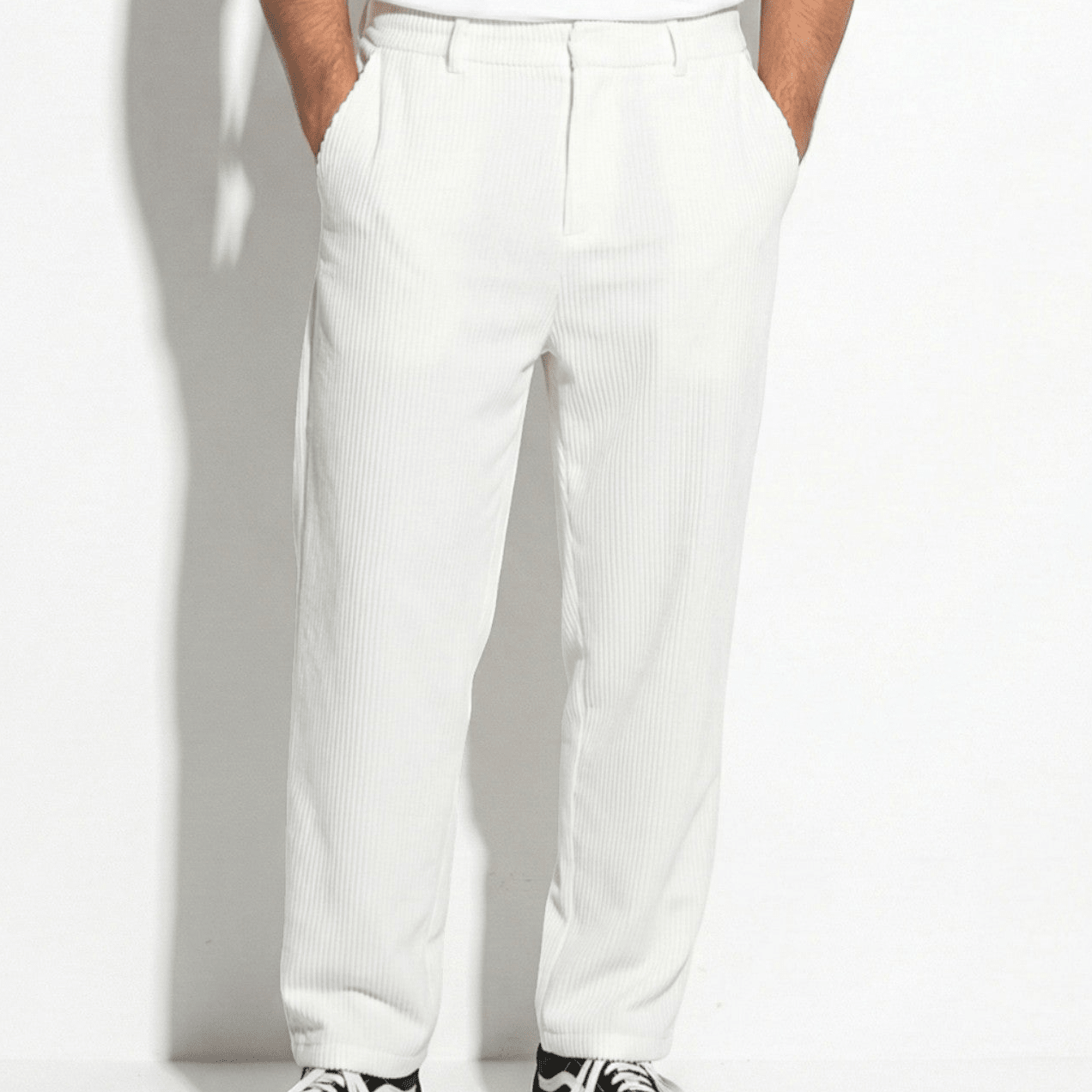 Arthur - Men's Relaxed Fit Pleated Trousers with Elastic Waist - Trouser - White - Jones & Smith