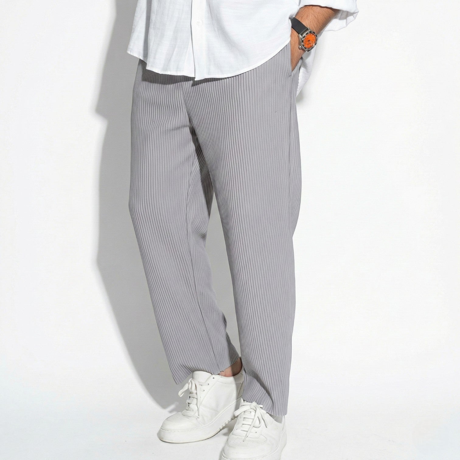 Arthur - Men's Relaxed Fit Pleated Trousers with Elastic Waist - Trouser - Grey - Jones & Smith