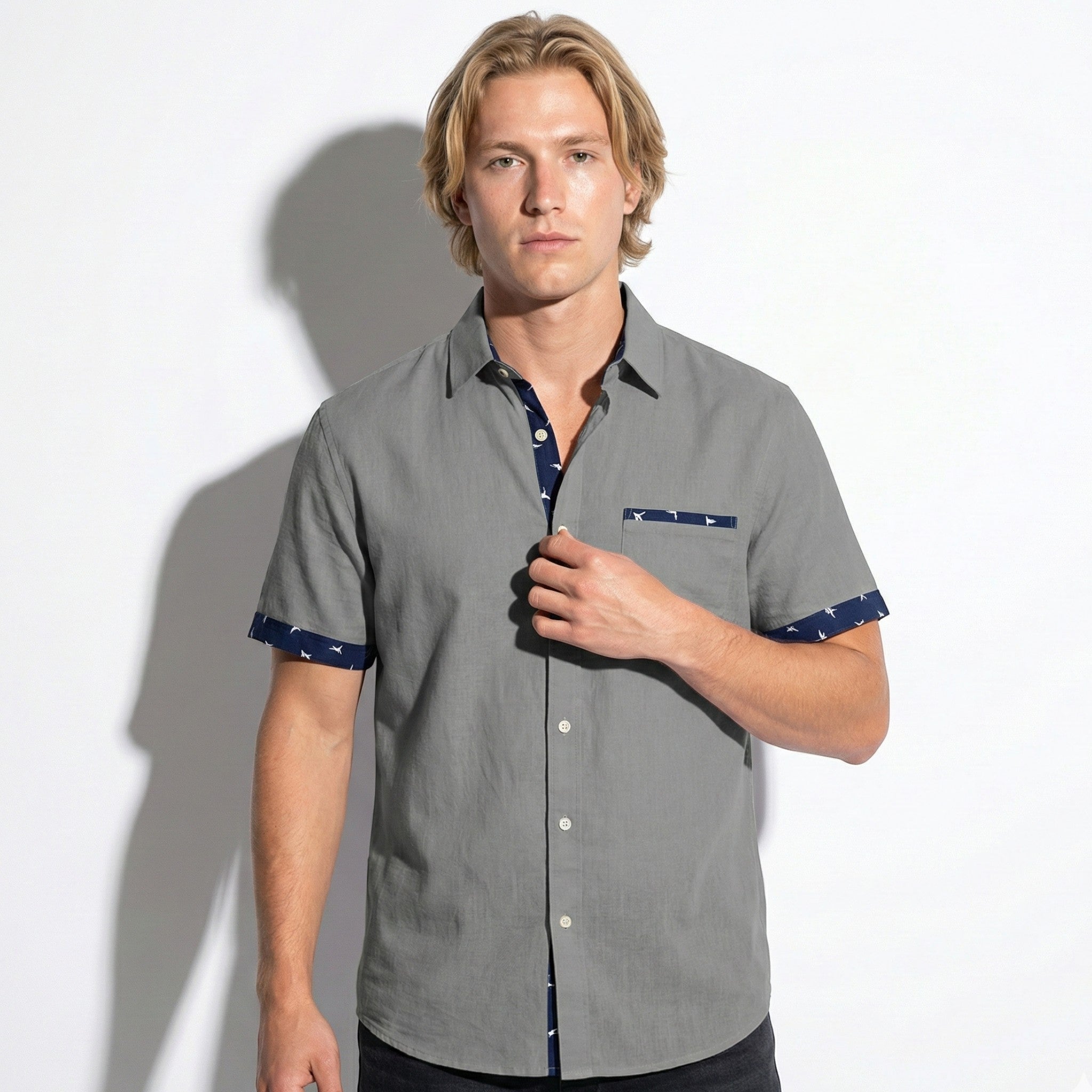 Arthur - Men's Short Sleeve Shirt with Contrast Trim - Men Shirt - Grey - Jones & Smith