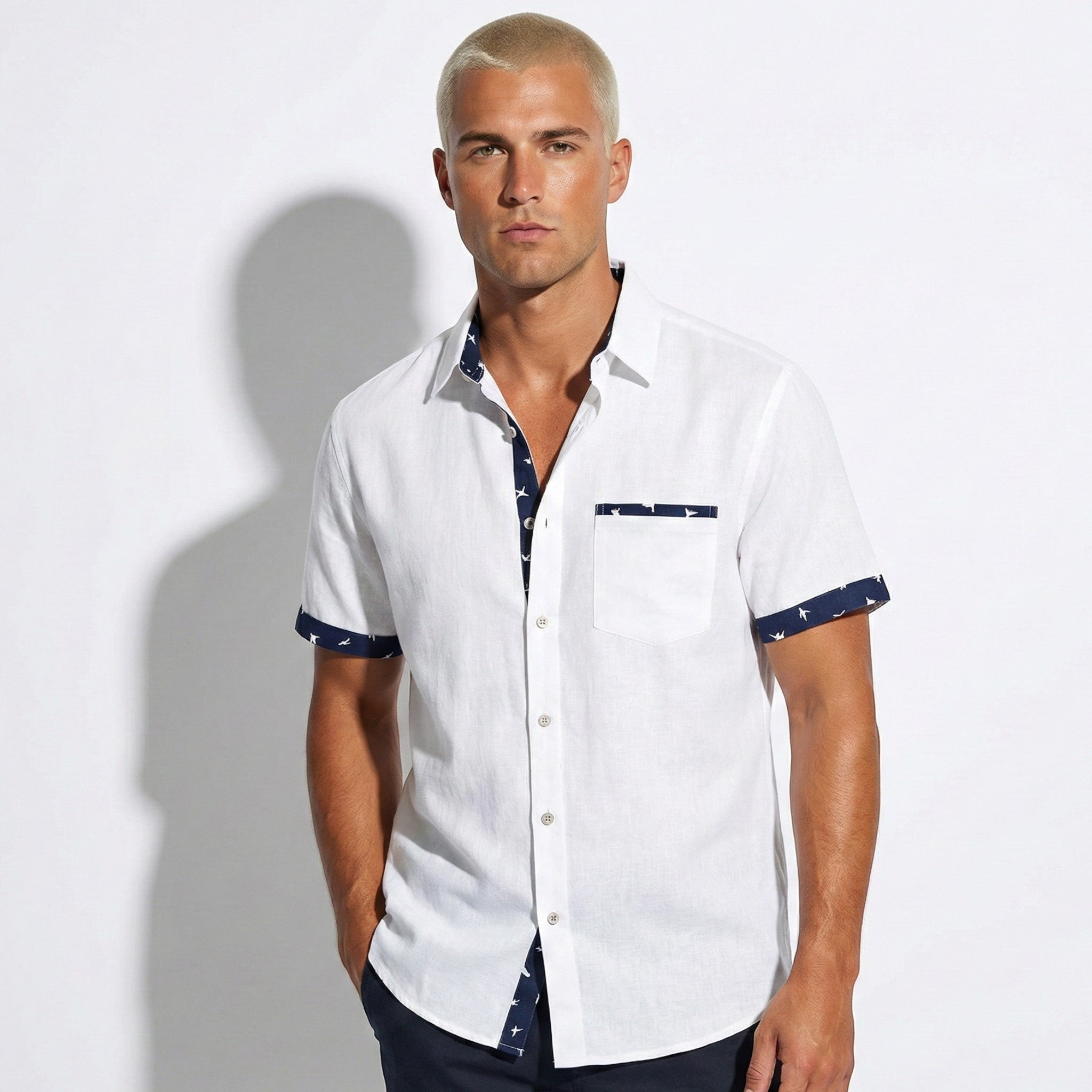 Arthur - Men's Short Sleeve Shirt with Contrast Trim - Men Shirt - White - Jones & Smith