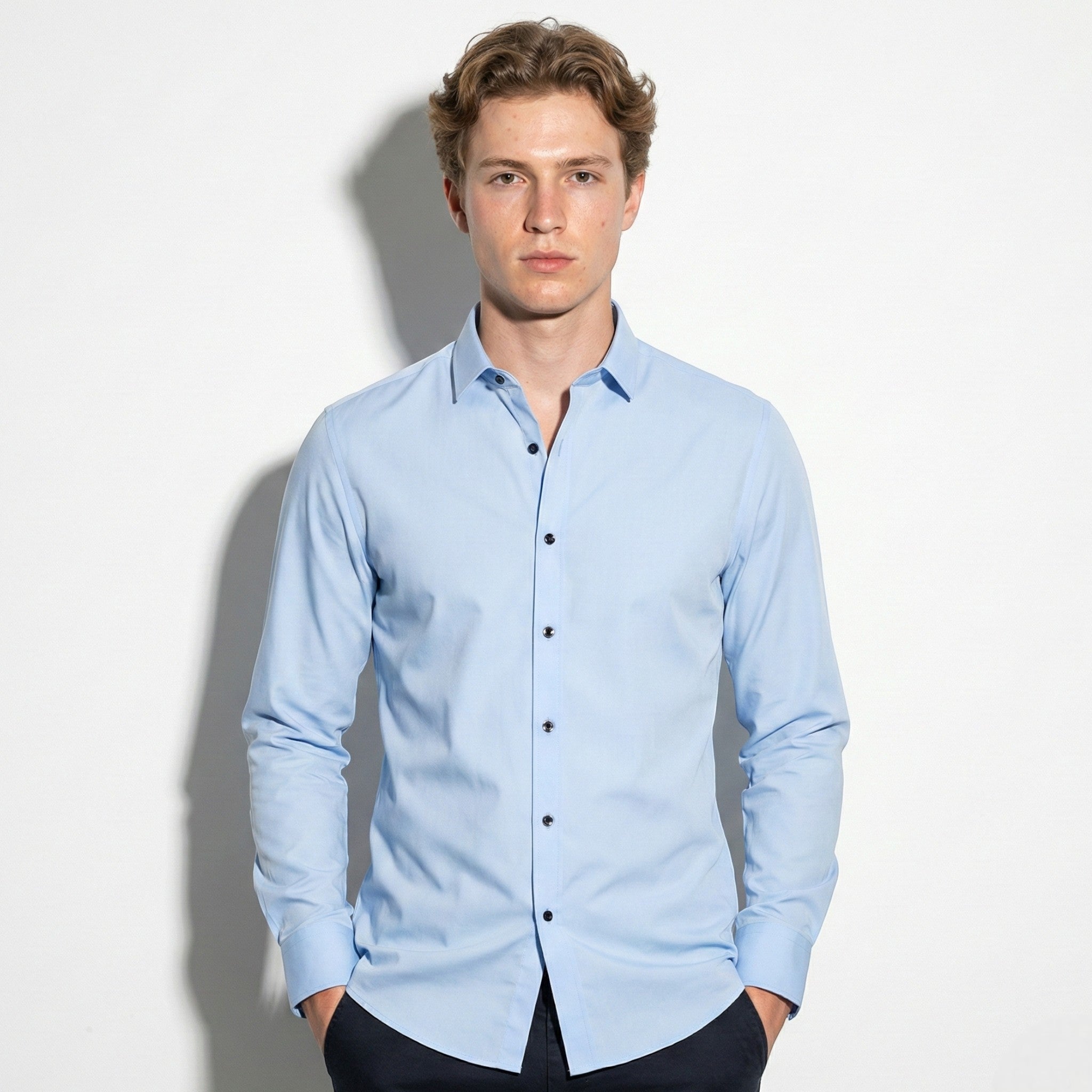 Arthur - Men's Slim Fit Shirt with Contrast Buttons - Long Sleeve Polo Shirt - Light Blue - Jones & Smith