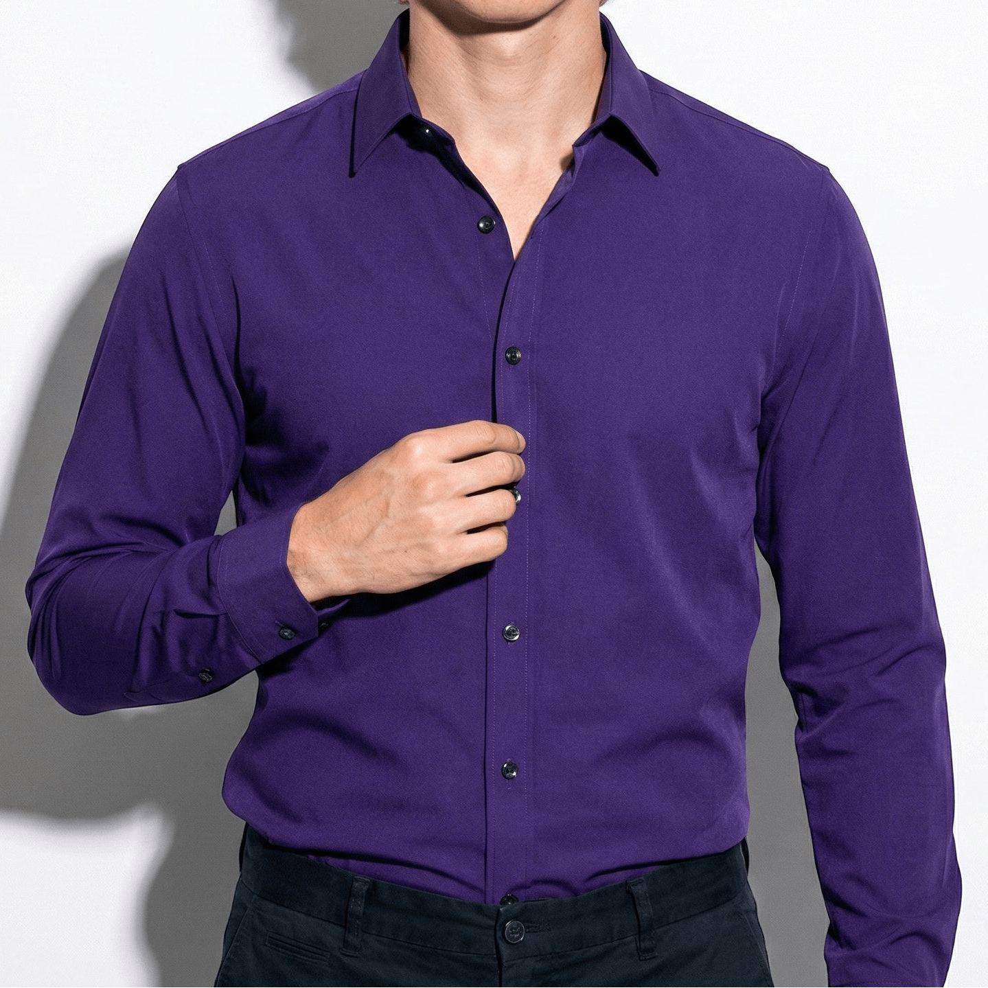 Arthur - Men's Slim Fit Shirt with Contrast Buttons - Long Sleeve Polo Shirt - Purple - Jones & Smith