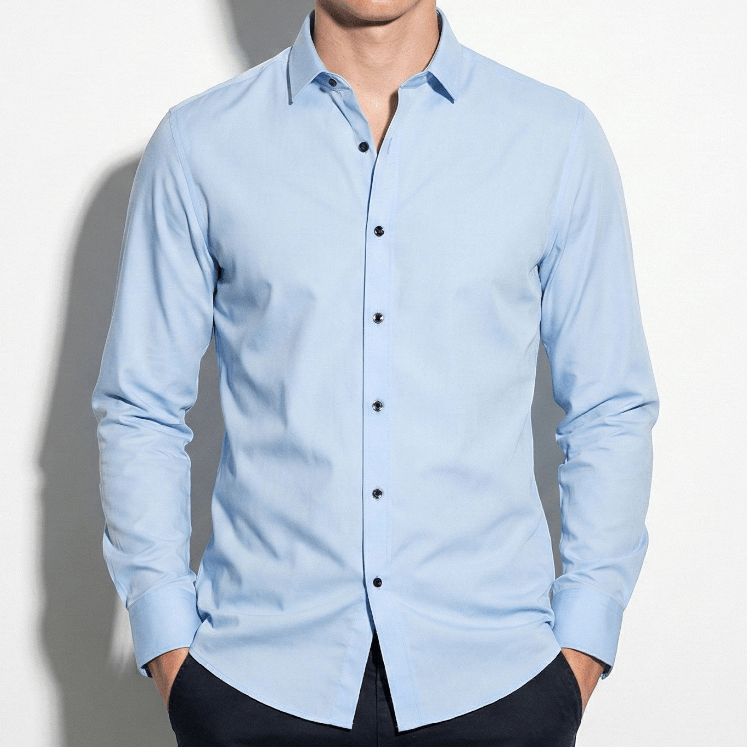 Arthur - Men's Slim Fit Shirt with Contrast Buttons - Long Sleeve Polo Shirt - Light Blue - Jones & Smith