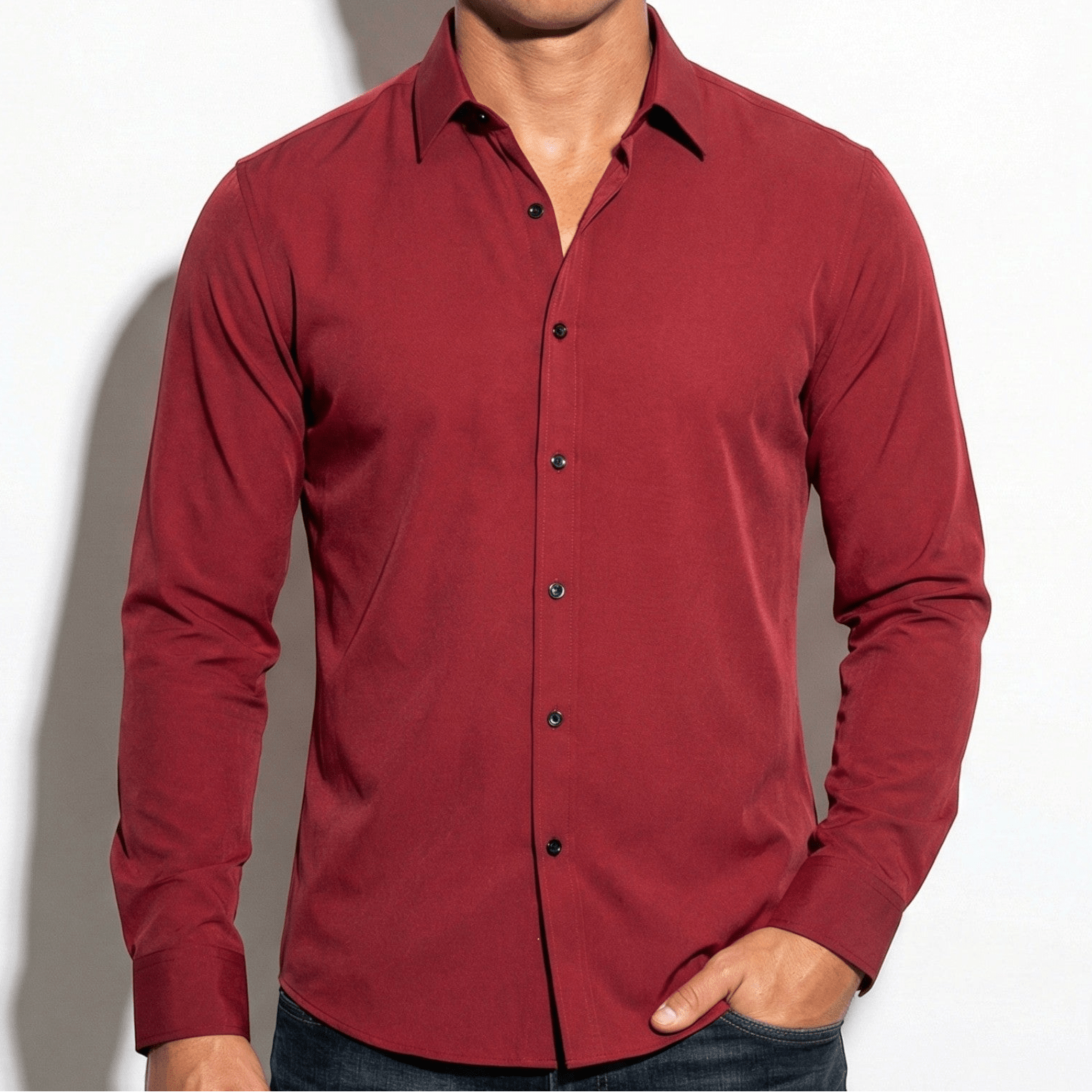 Arthur - Men's Slim Fit Shirt with Contrast Buttons - Long Sleeve Polo Shirt - Red - Jones & Smith
