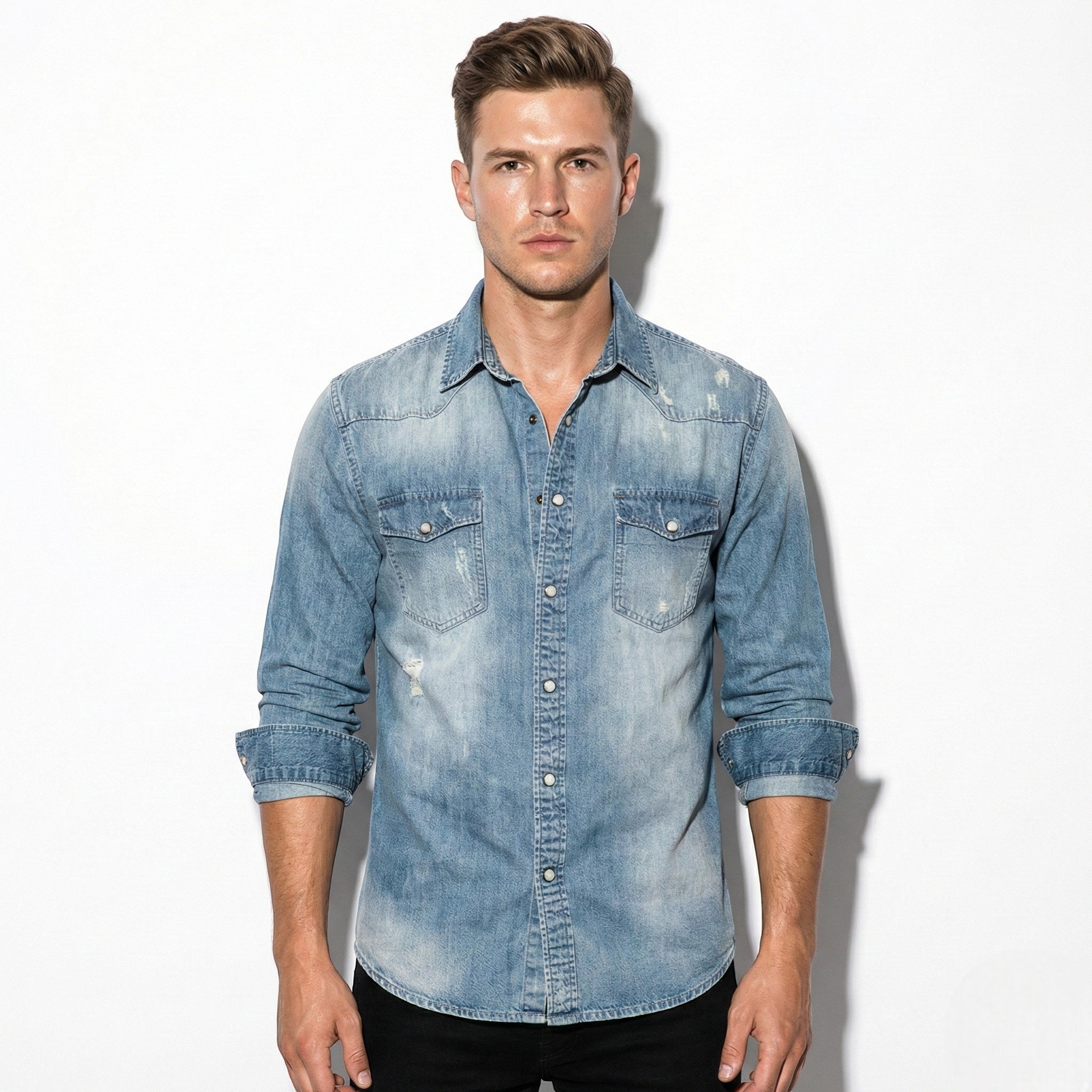 Arthur - Men's Slim Fit Western Denim Shirt - Denim Shirt - Light Blue - Jones & Smith