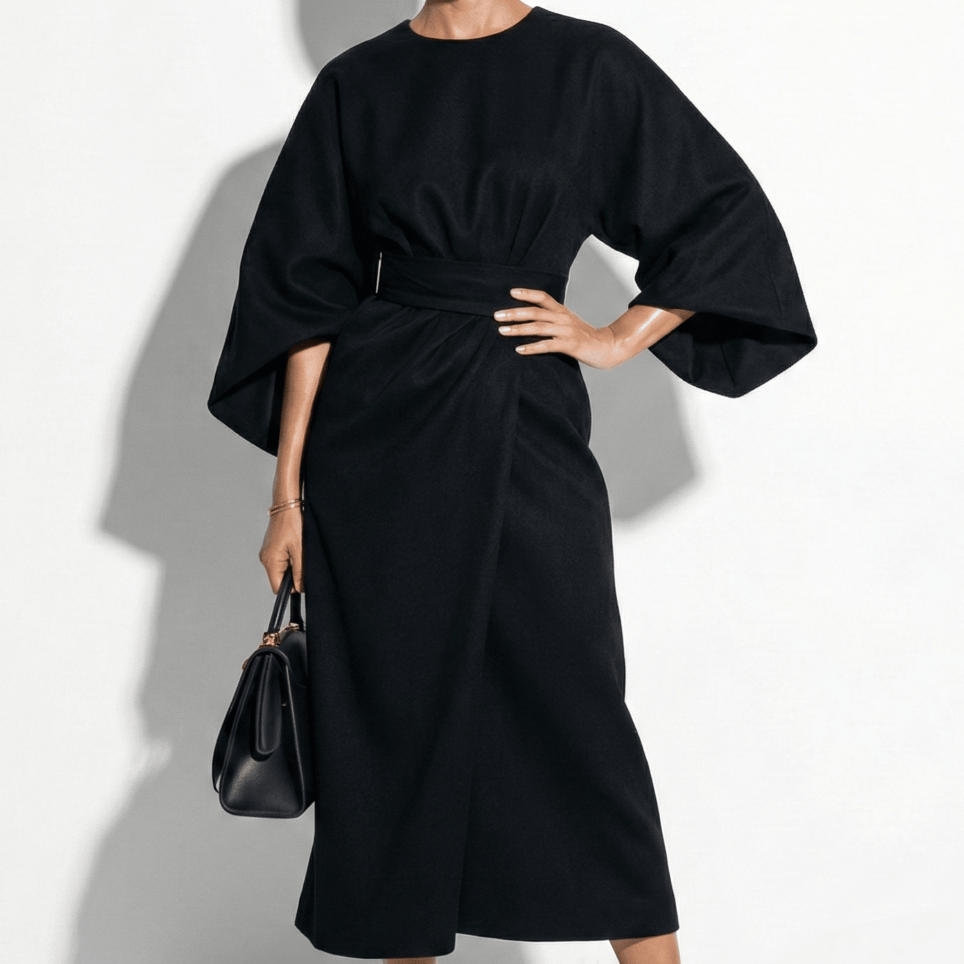 Aurora - Women's Flowy Belted Kimono Style Sleeve Maxi Dress - Dress - Black - Jones & Smith