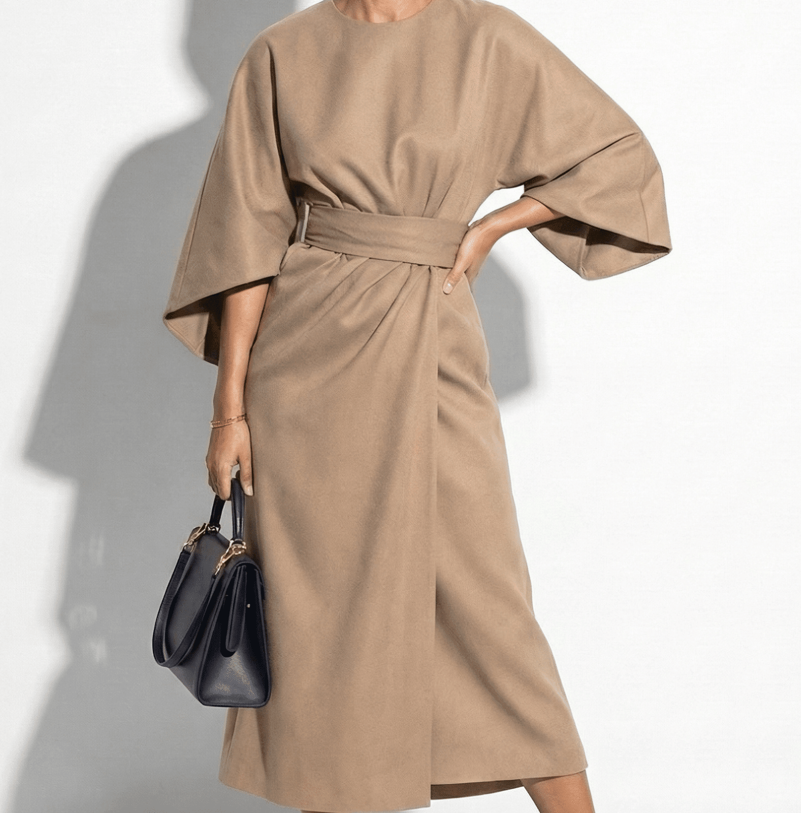 Aurora - Women's Flowy Belted Kimono Style Sleeve Maxi Dress - Dress - Beige - Jones & Smith