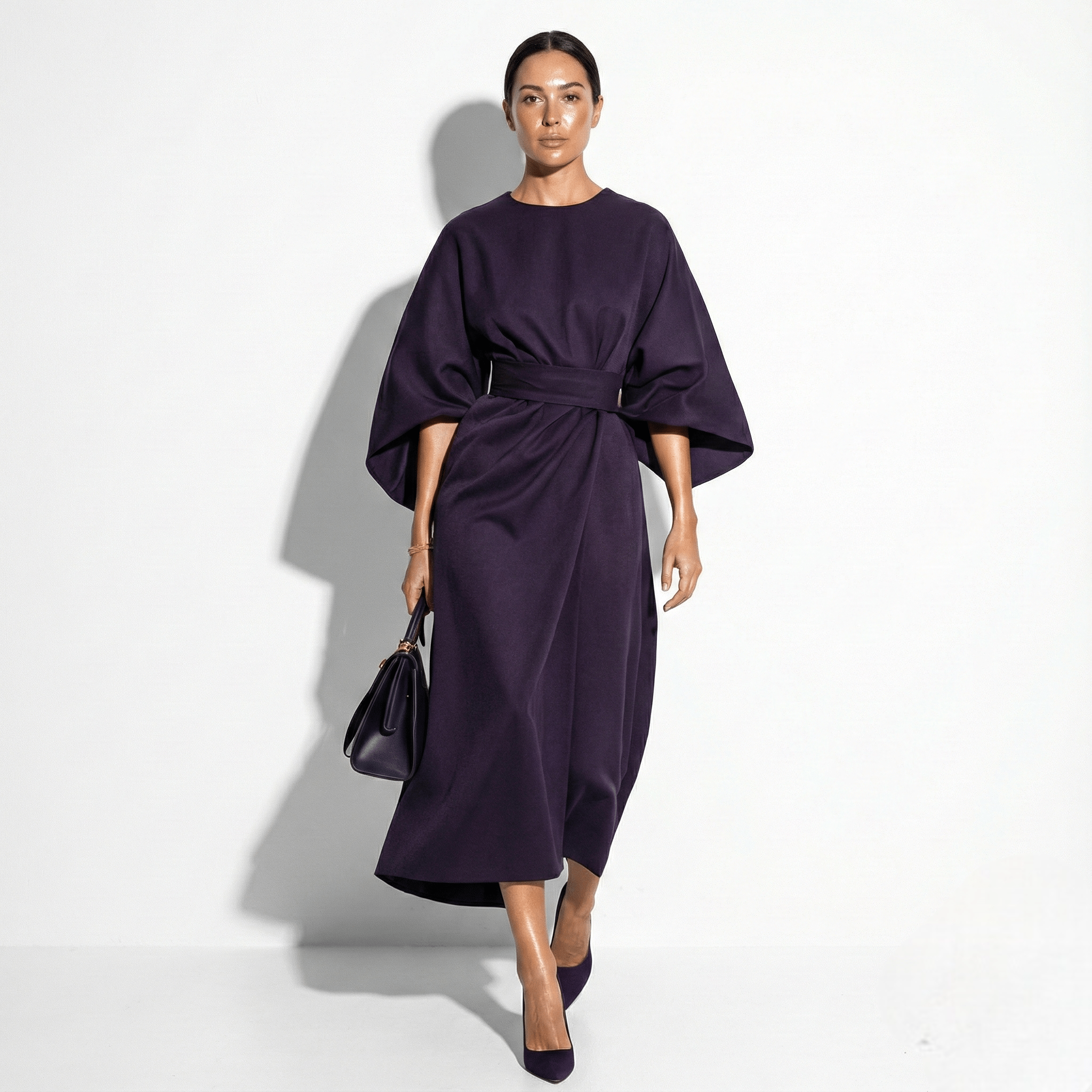 Aurora - Women's Flowy Belted Kimono Style Sleeve Maxi Dress - Dress - Purple - Jones & Smith