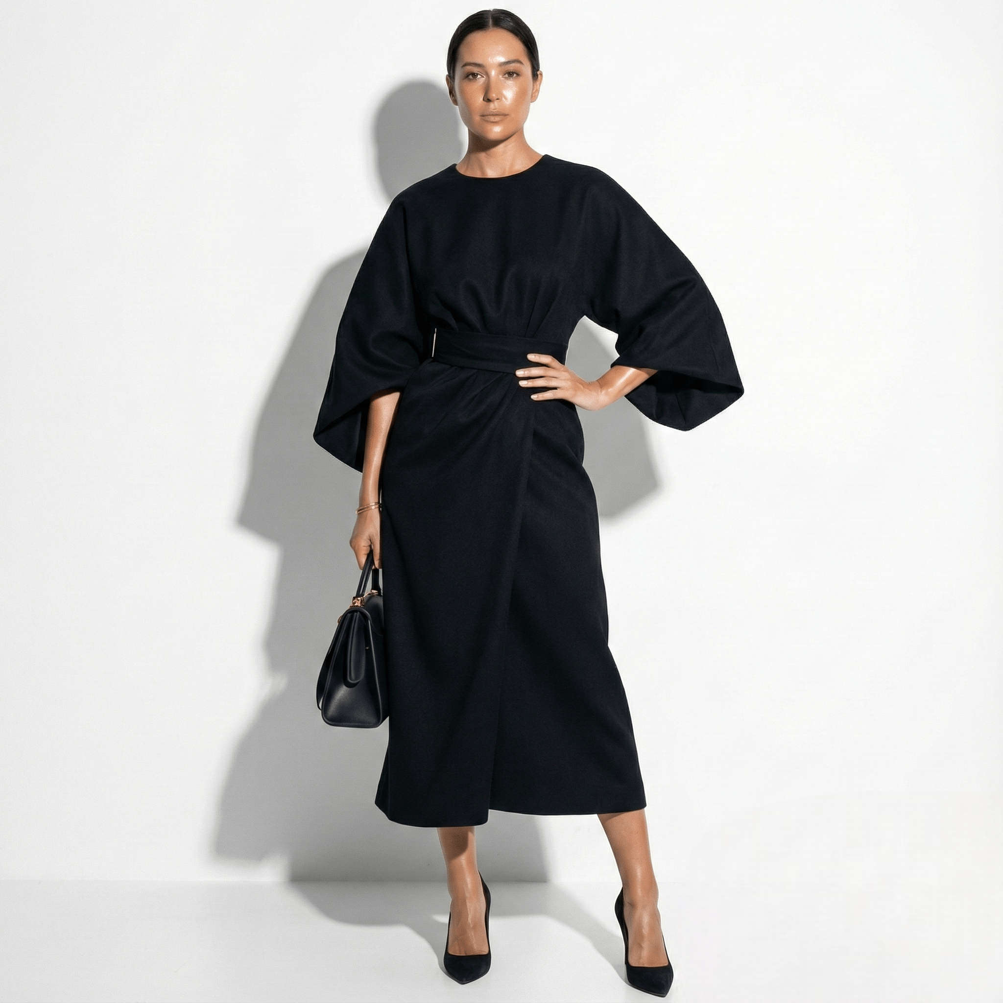 Aurora - Women's Flowy Belted Kimono Style Sleeve Maxi Dress - Dress - Black - Jones & Smith