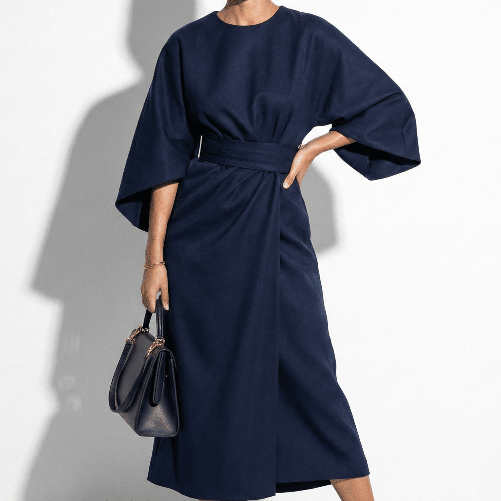 Aurora - Women's Flowy Belted Kimono Style Sleeve Maxi Dress - Dress - Navy Blue - Jones & Smith