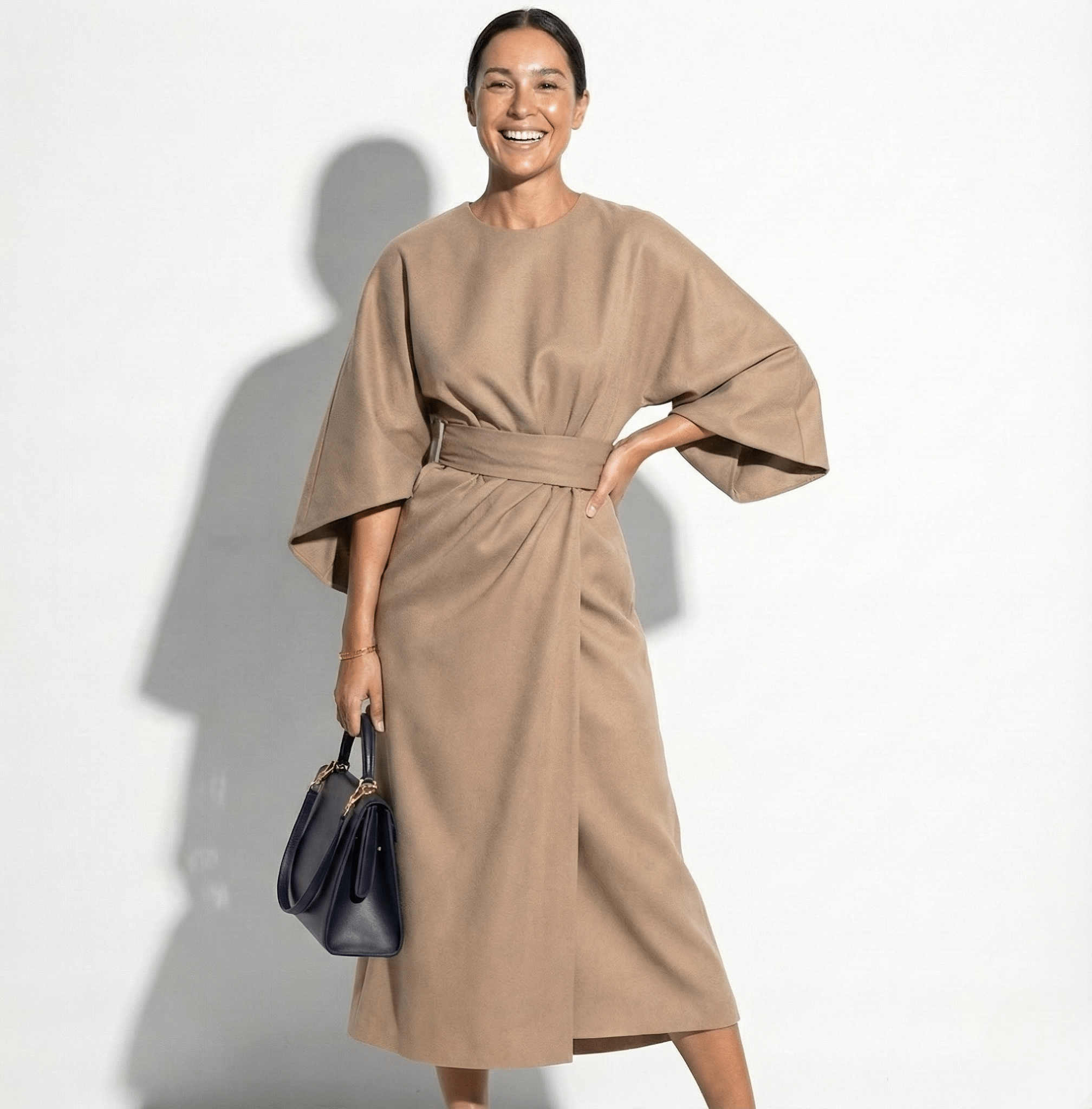 Aurora - Women's Flowy Belted Kimono Style Sleeve Maxi Dress - Dress - Beige - Jones & Smith