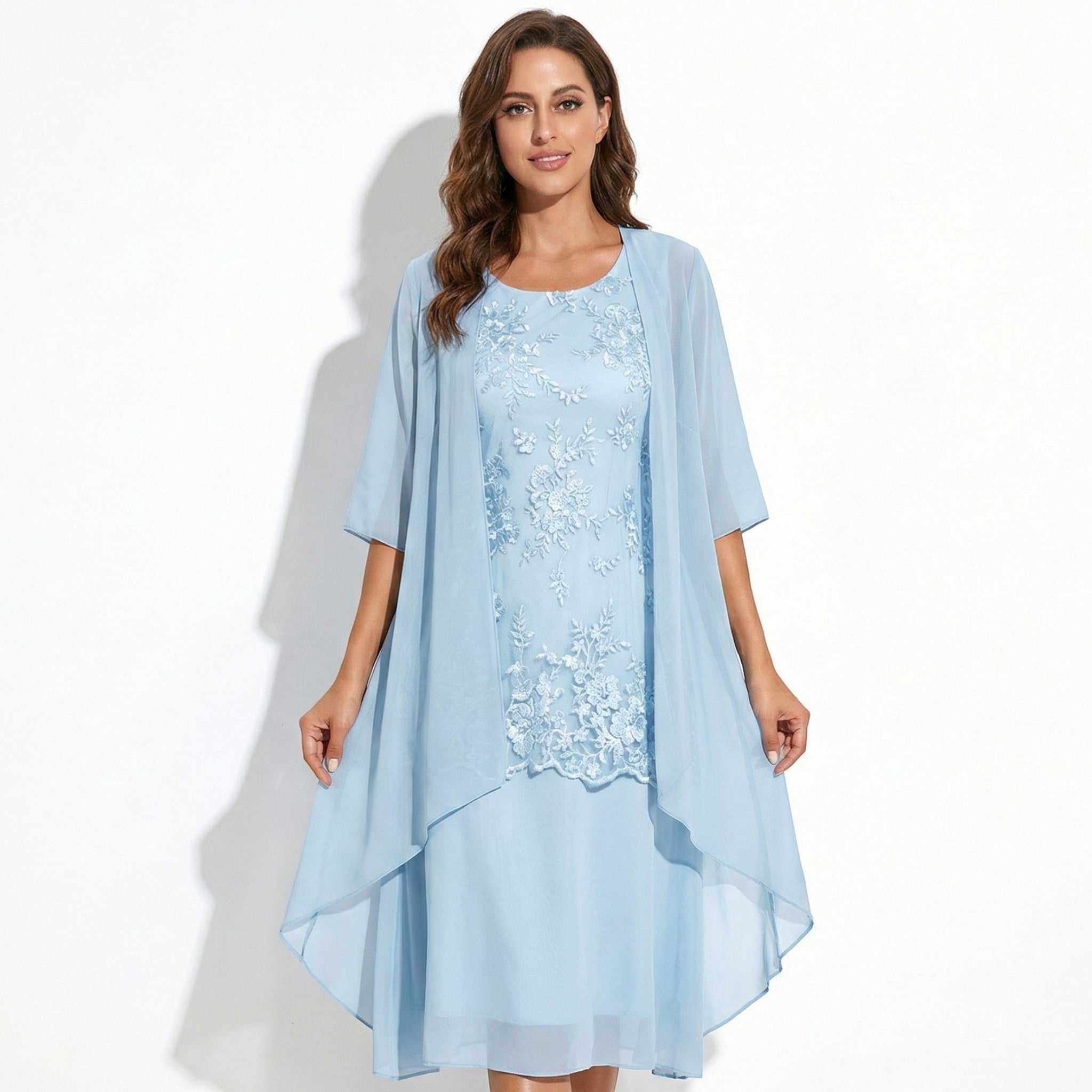 Ava - Women’s Floral Lace Layered Maxi Dress with Chiffon Jacket - Women Dress - Sky Blue - Jones & Smith