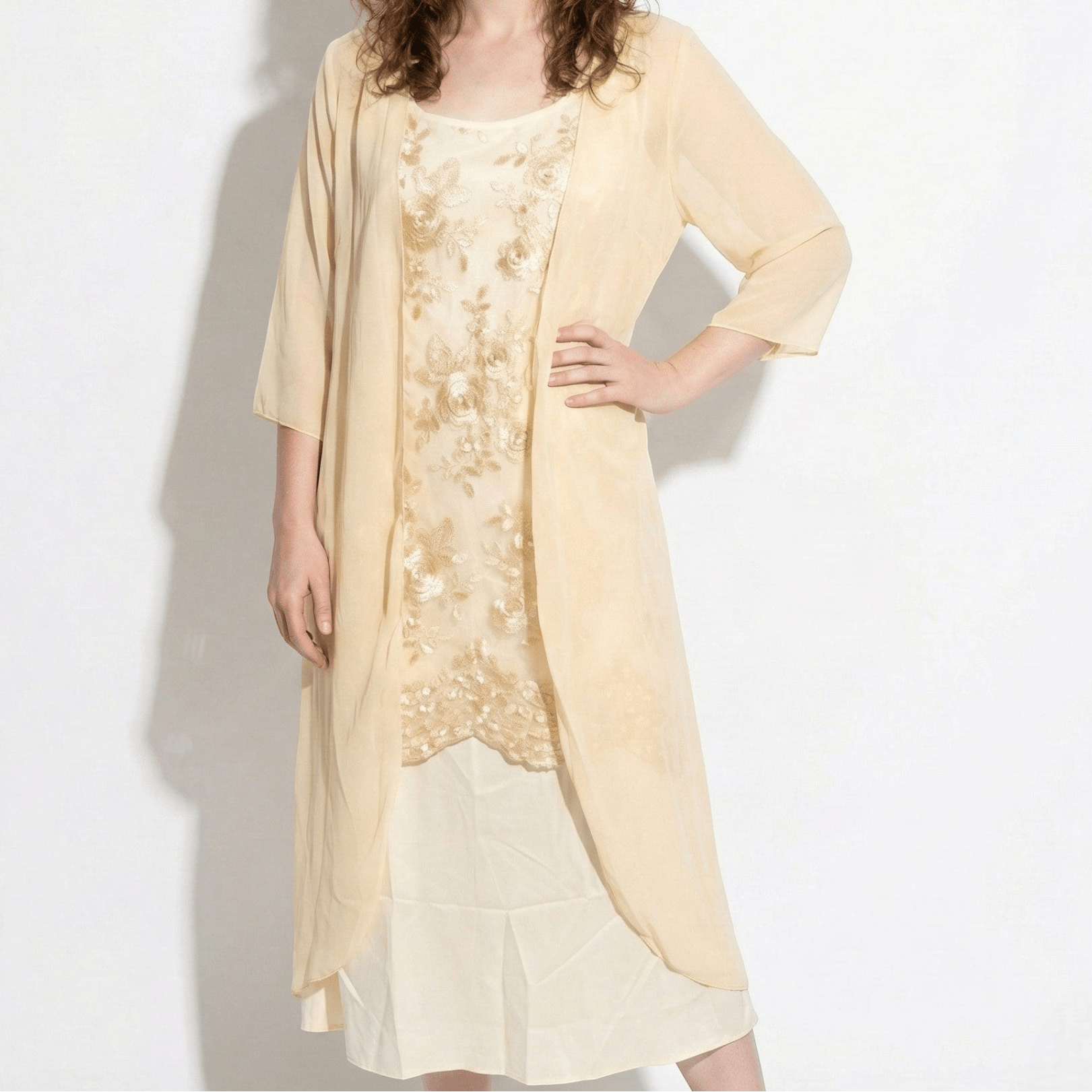 Ava - Women’s Floral Lace Layered Maxi Dress with Chiffon Jacket - Women Dress - Yellow - Jones & Smith