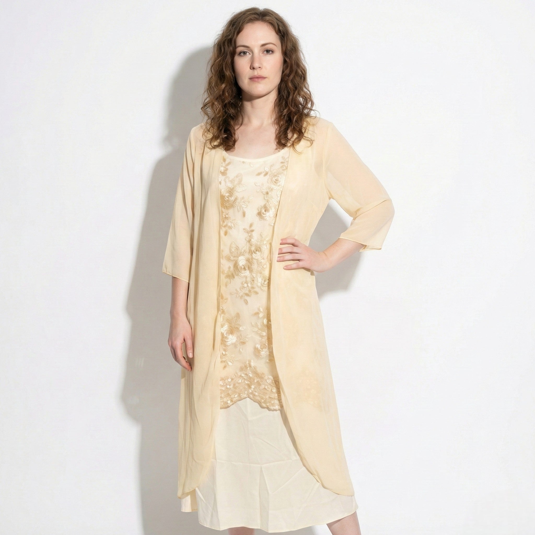 Ava - Women’s Floral Lace Layered Maxi Dress with Chiffon Jacket - Women Dress - Yellow - Jones & Smith