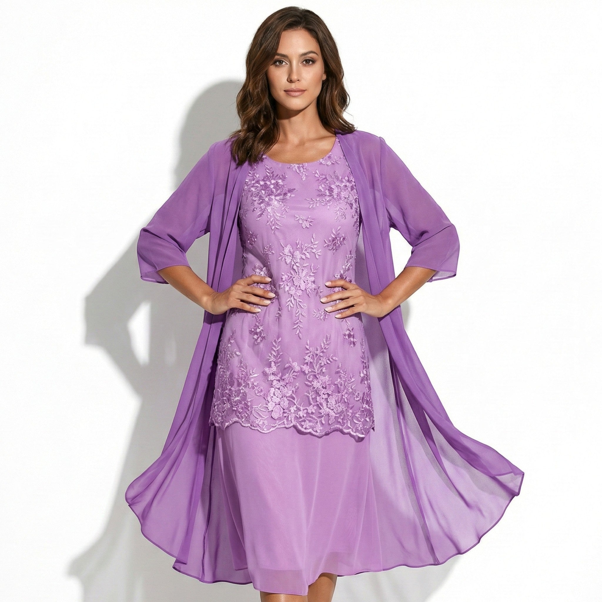 Ava - Women’s Floral Lace Layered Maxi Dress with Chiffon Jacket - Women Dress - Purple - Jones & Smith