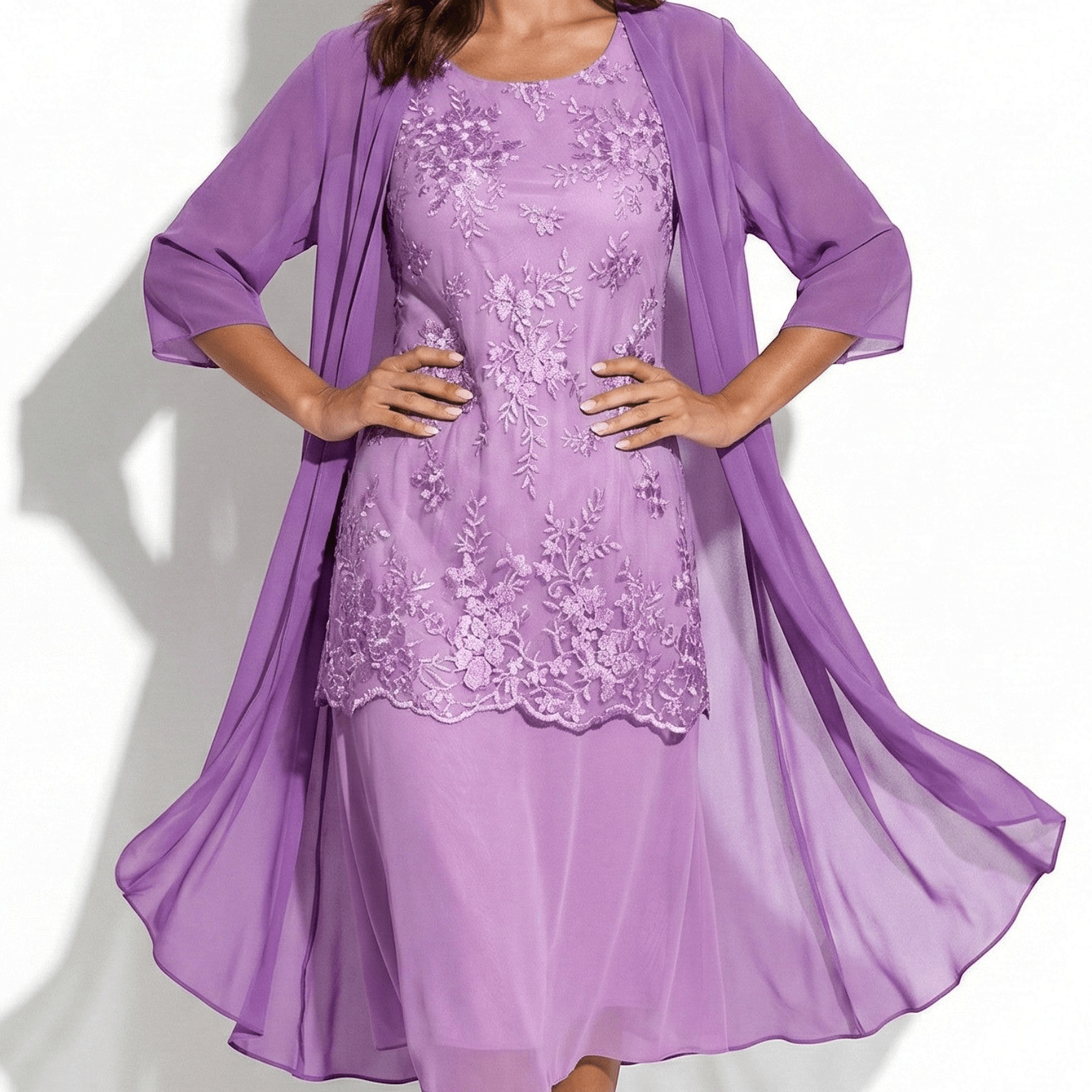 Ava - Women’s Floral Lace Layered Maxi Dress with Chiffon Jacket - Women Dress - Purple - Jones & Smith