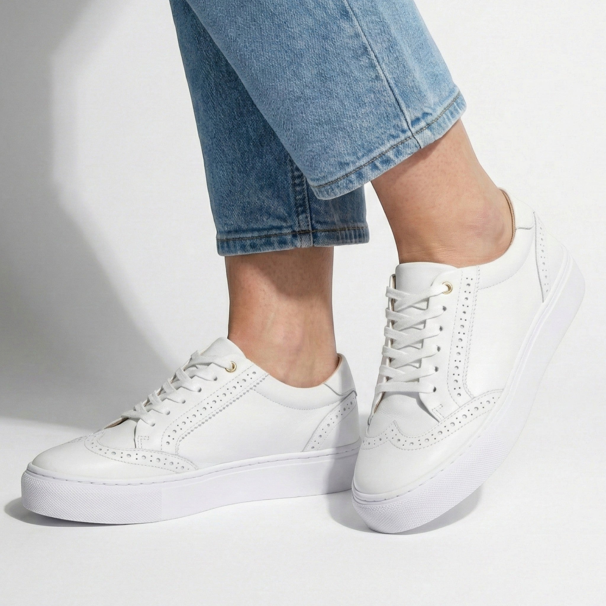 Ava - Women’s Lace - Up Trainers with Brogue Detail - Shoes - White - Jones & Smith