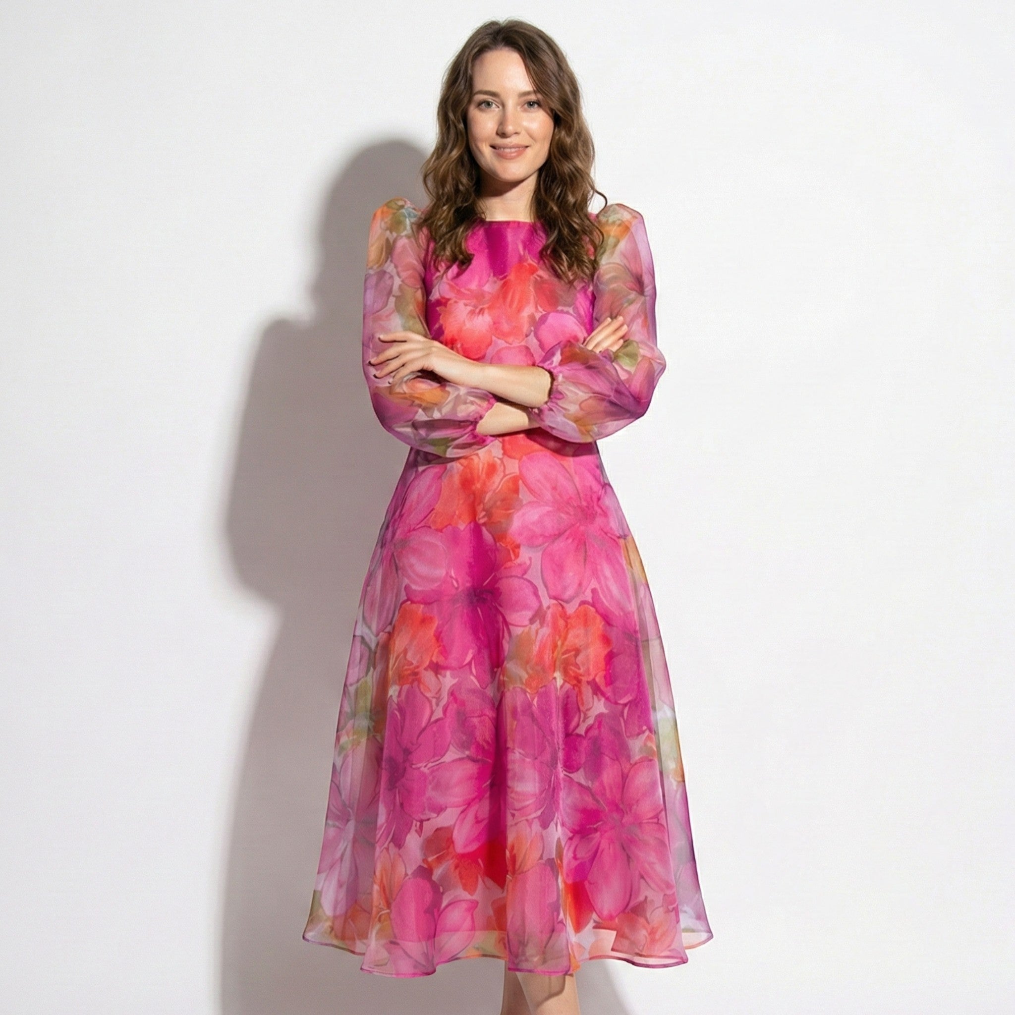 Aria - Women's Floral Print Midi Dress with Sheer Sleeves