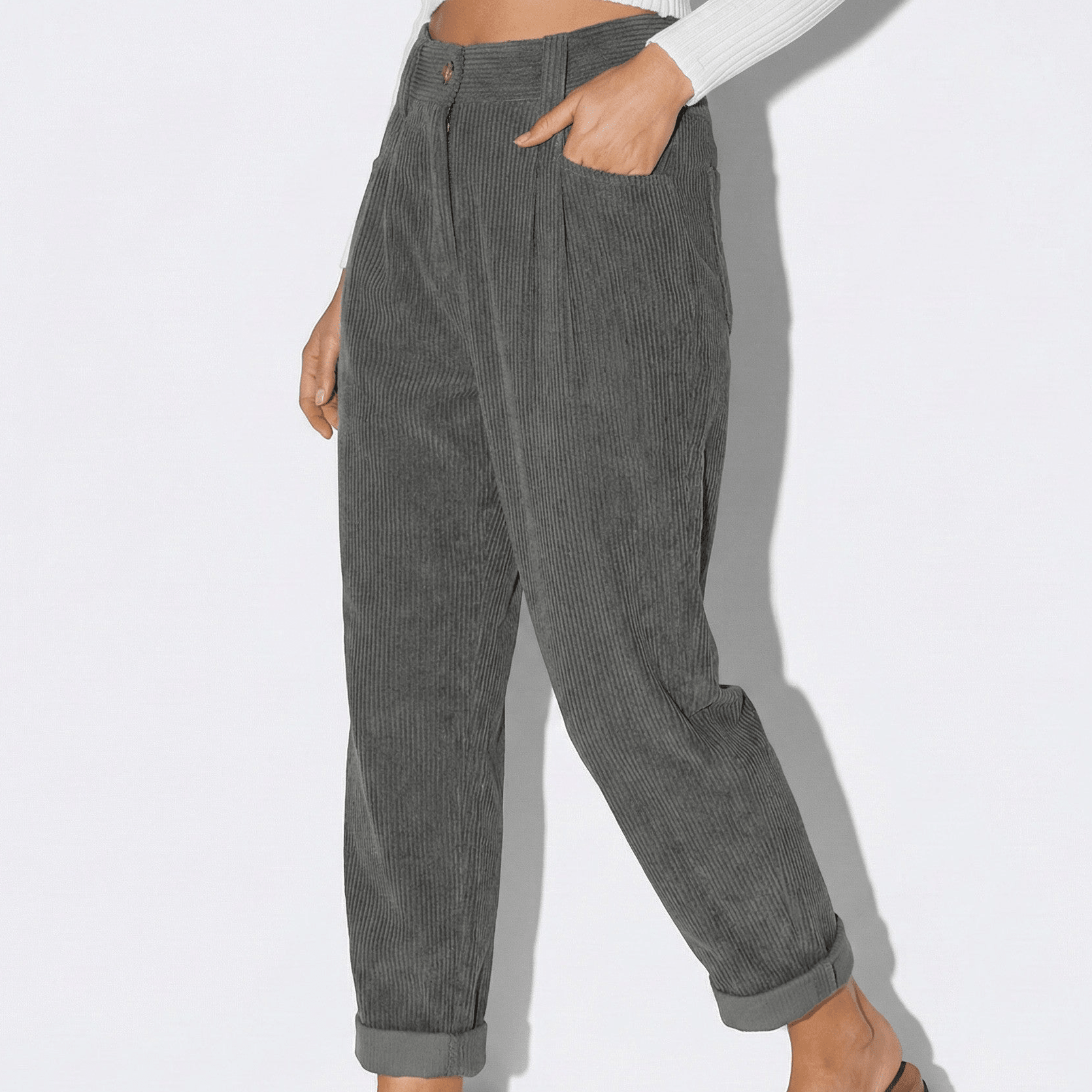 Beatrice - Women's High Waisted Corduroy Trousers - Trouser - Grey - Jones & Smith