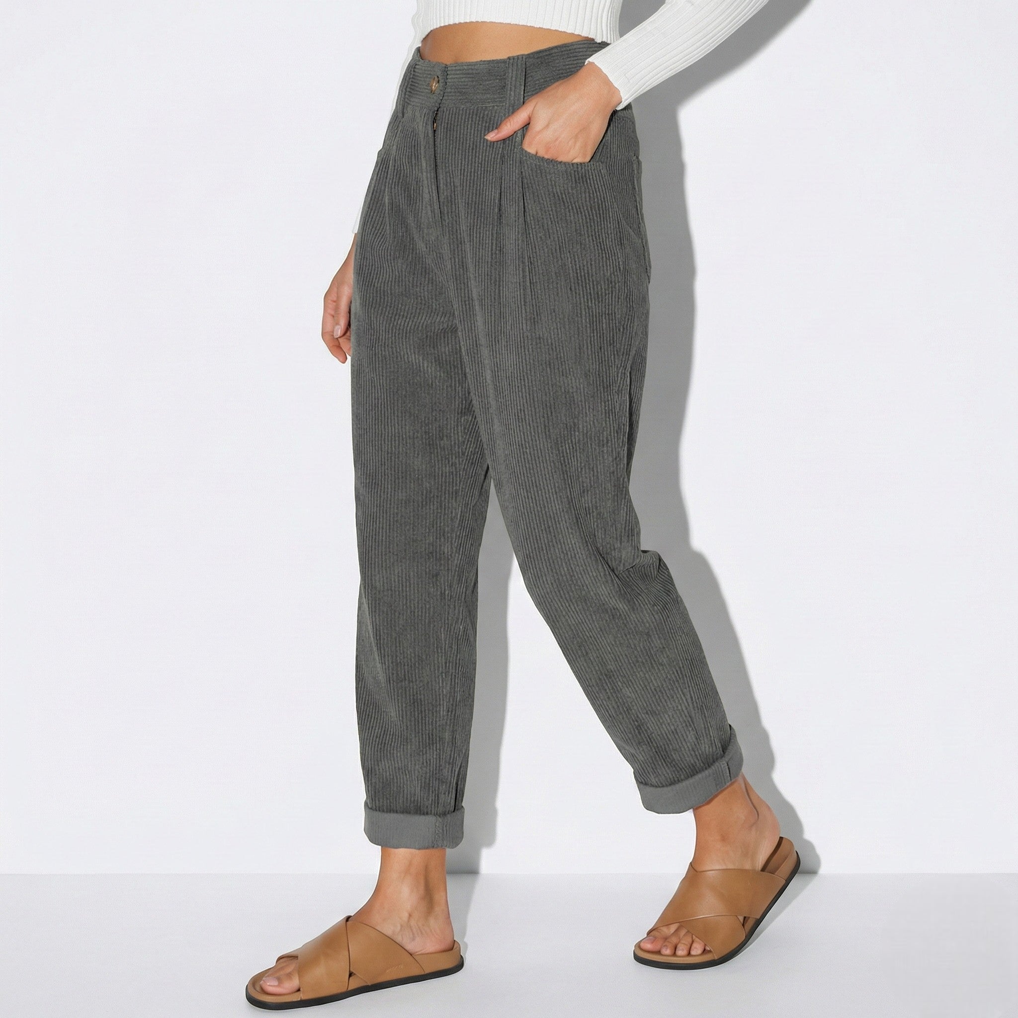 Beatrice - Women's High Waisted Corduroy Trousers - Trouser - Grey - Jones & Smith