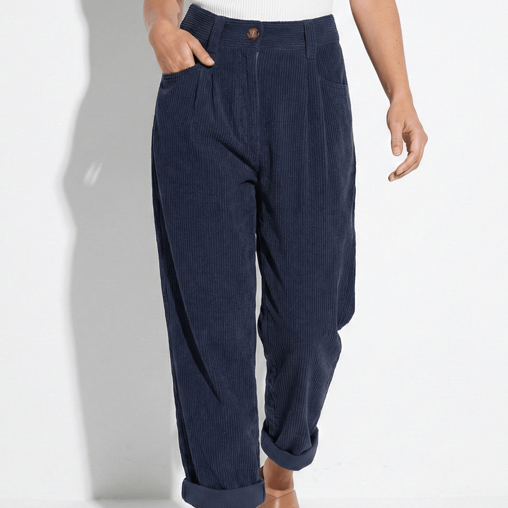 Beatrice - Women's High Waisted Corduroy Trousers - Trouser - Blue - Jones & Smith