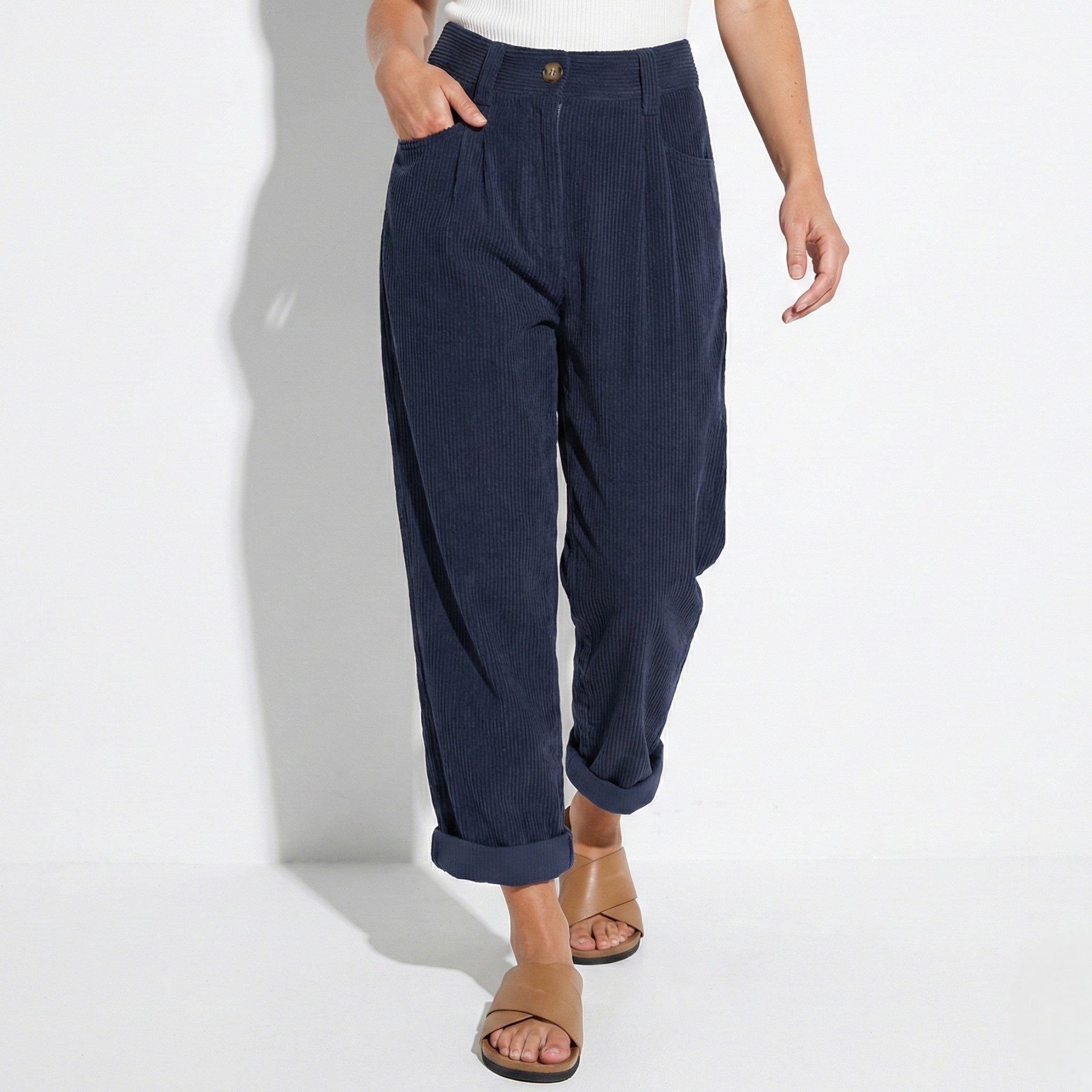 Beatrice - Women's High Waisted Corduroy Trousers - Trouser - Blue - Jones & Smith