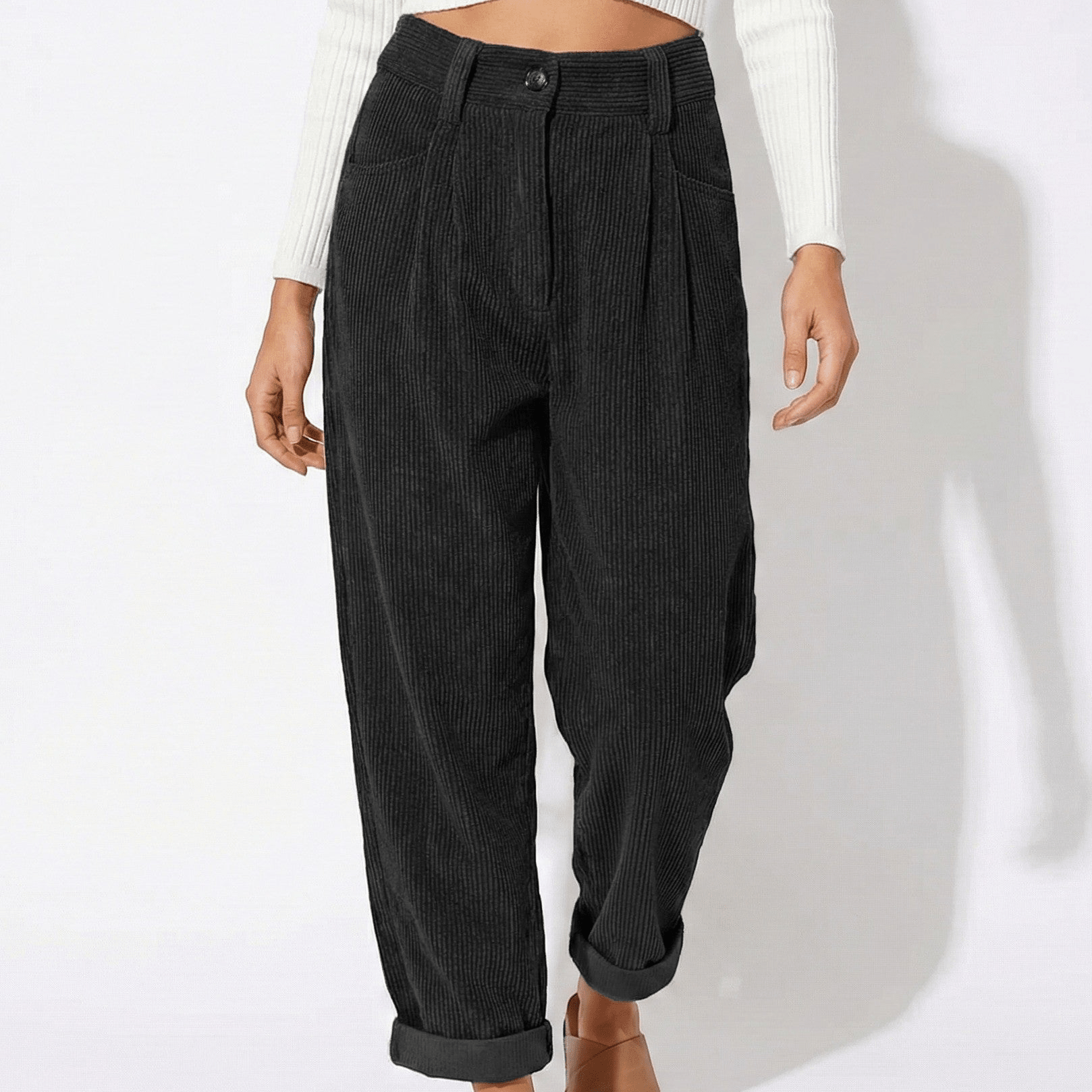 Beatrice - Women's High Waisted Corduroy Trousers - Trouser - Black - Jones & Smith