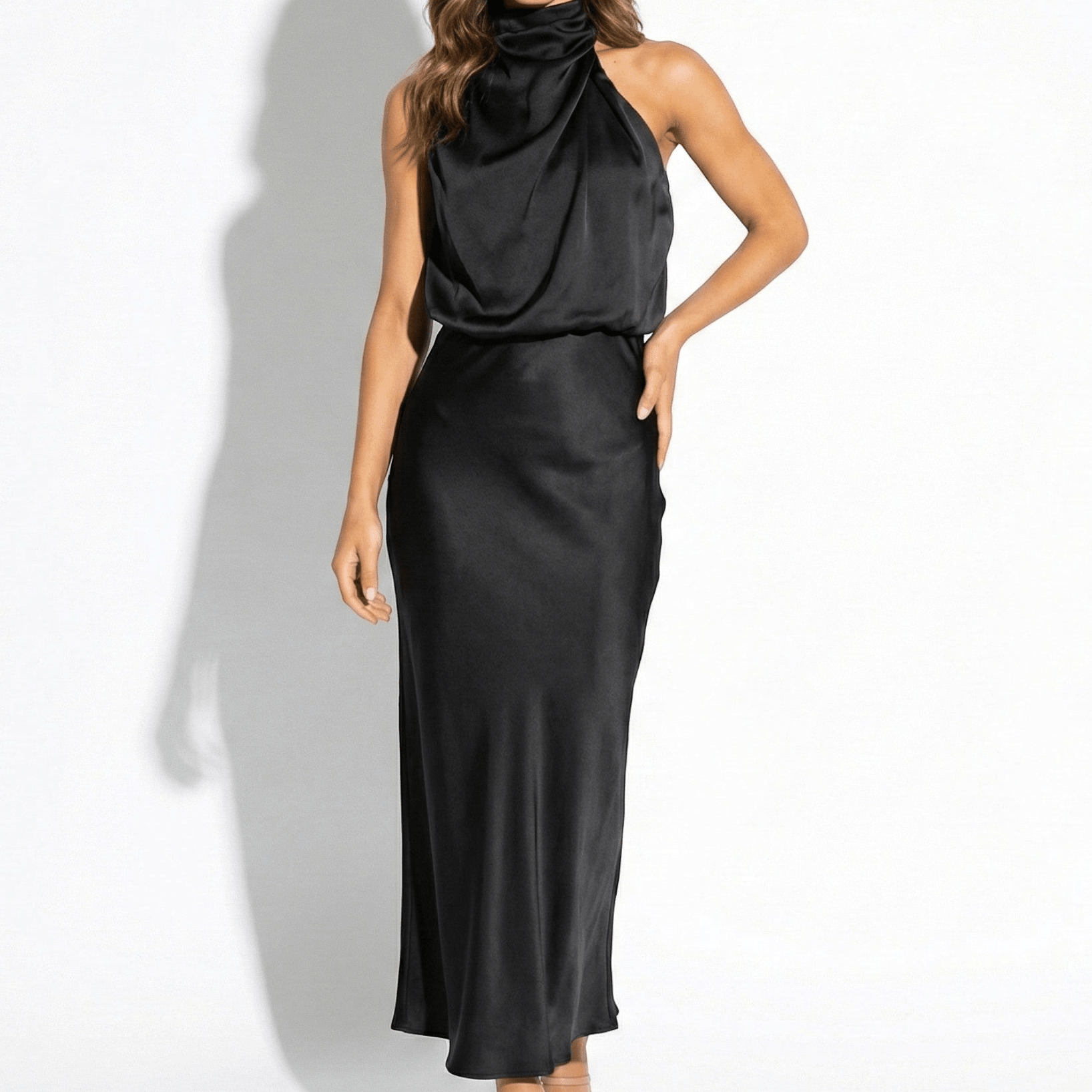 Belle - Women's High Neck Satin Maxi Dress with Shimmer Finish - Dress - Black - Jones & Smith