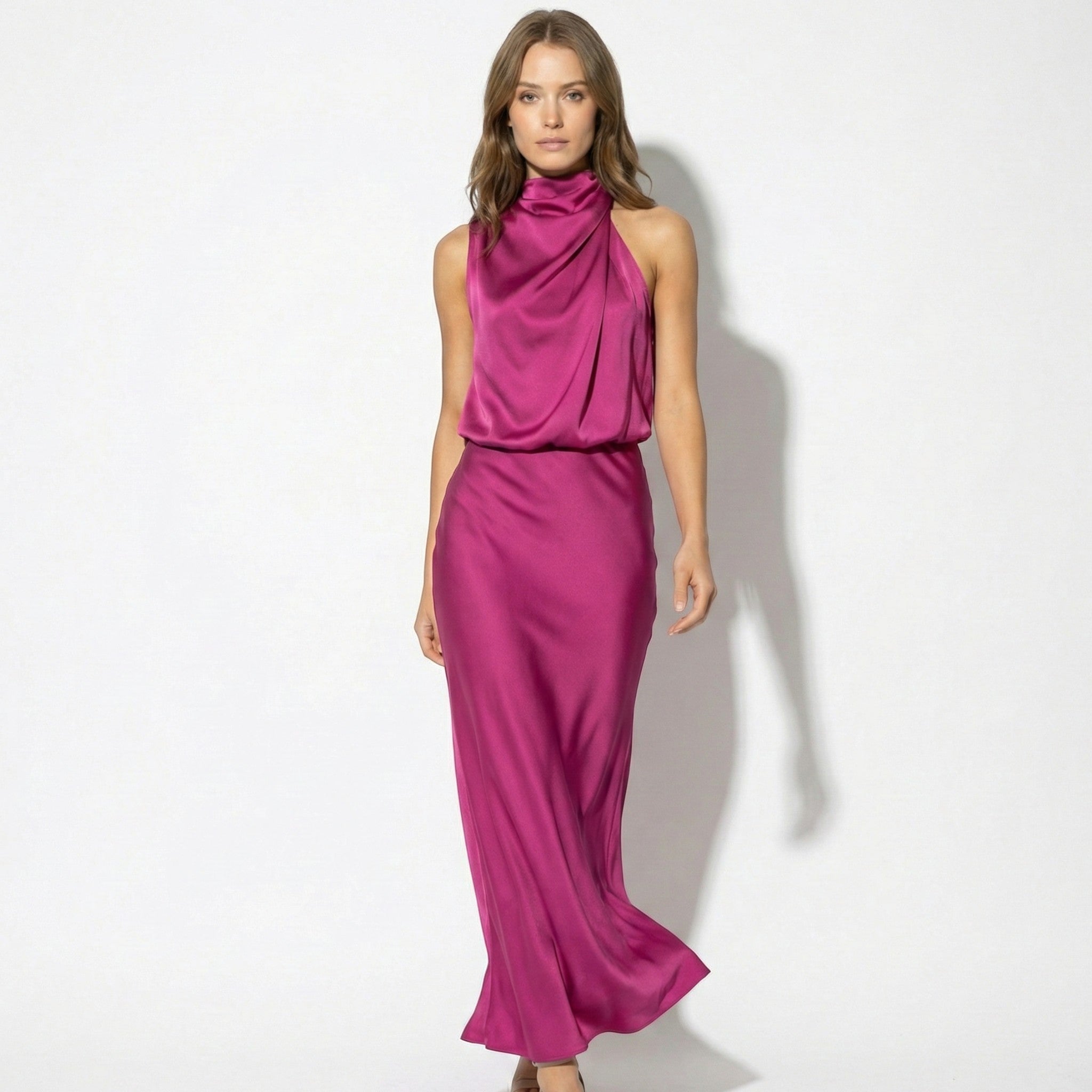 Belle - Women's High Neck Satin Maxi Dress with Shimmer Finish - Dress - Pink - Jones & Smith