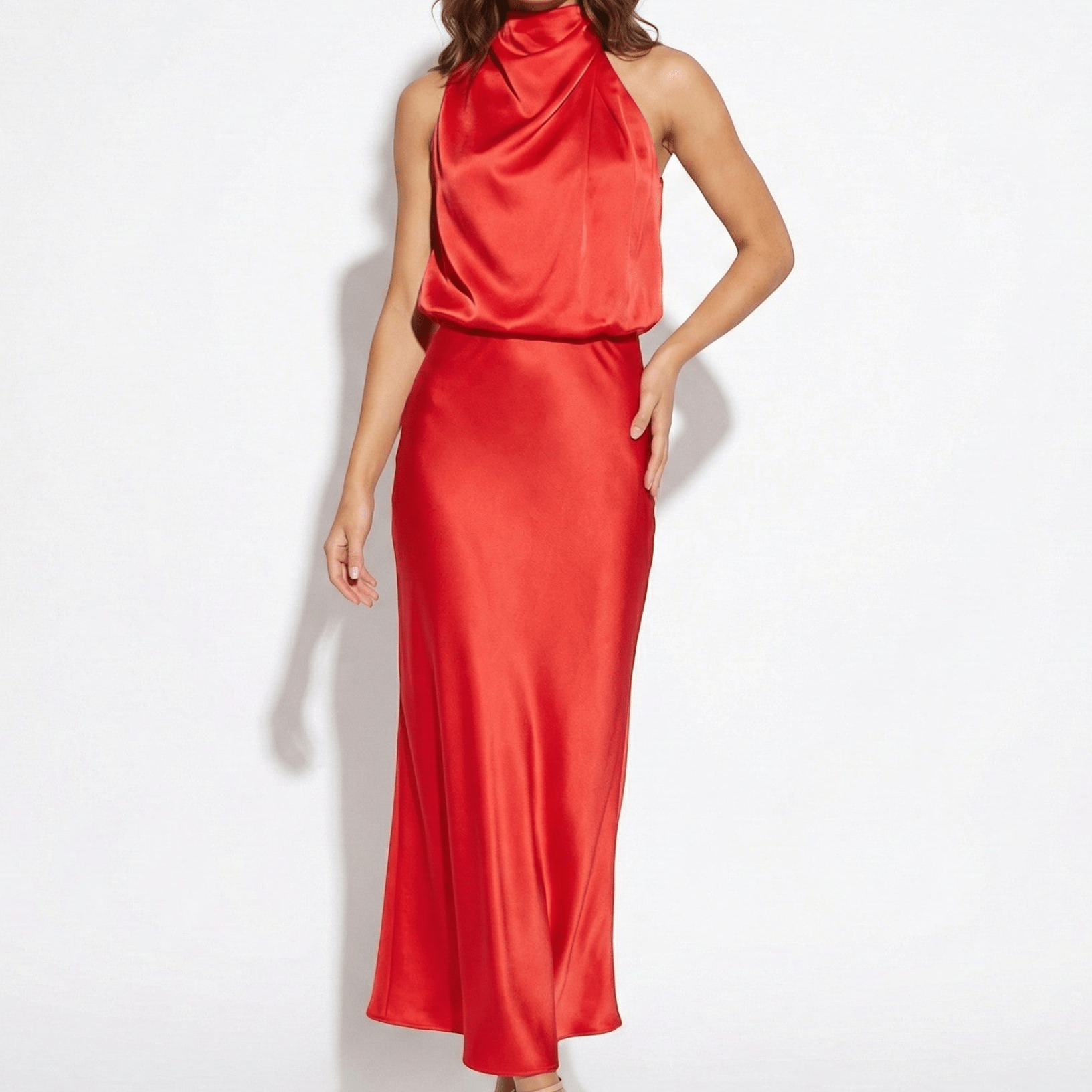 Belle - Women's High Neck Satin Maxi Dress with Shimmer Finish - Dress - Red - Jones & Smith