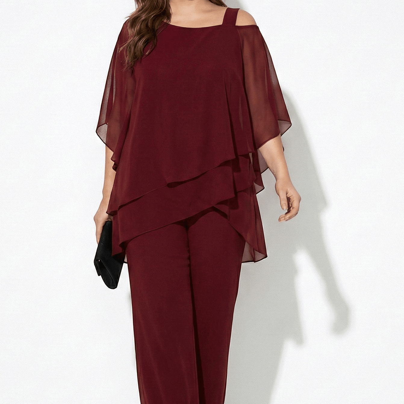 Bianca - Women's 2 - Piece Trouser Set with Layered Sleeves - Set - Wine Red - Jones & Smith