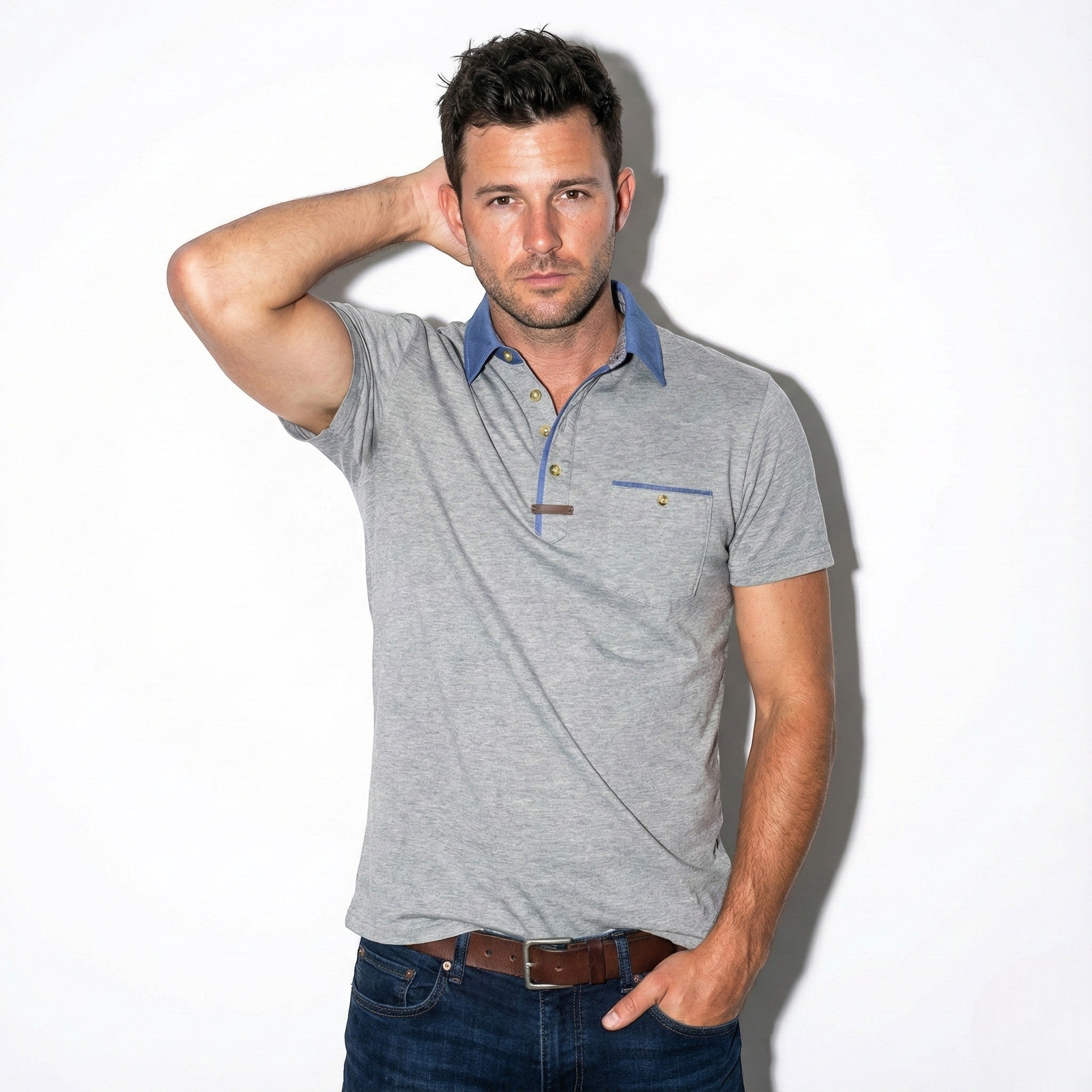 Calvin - Men's Chest Pocket Polo Shirt - Tops, T-shirts & Shirts - Grey - Jones & Smith