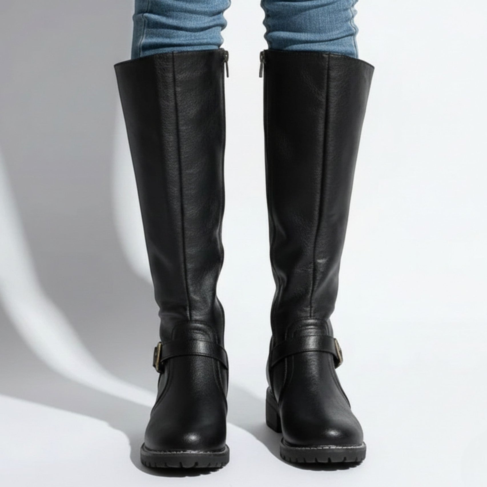 Camila – Women’s Leather Knee - High Buckle Boots - Leather Boots - Black - Jones & Smith