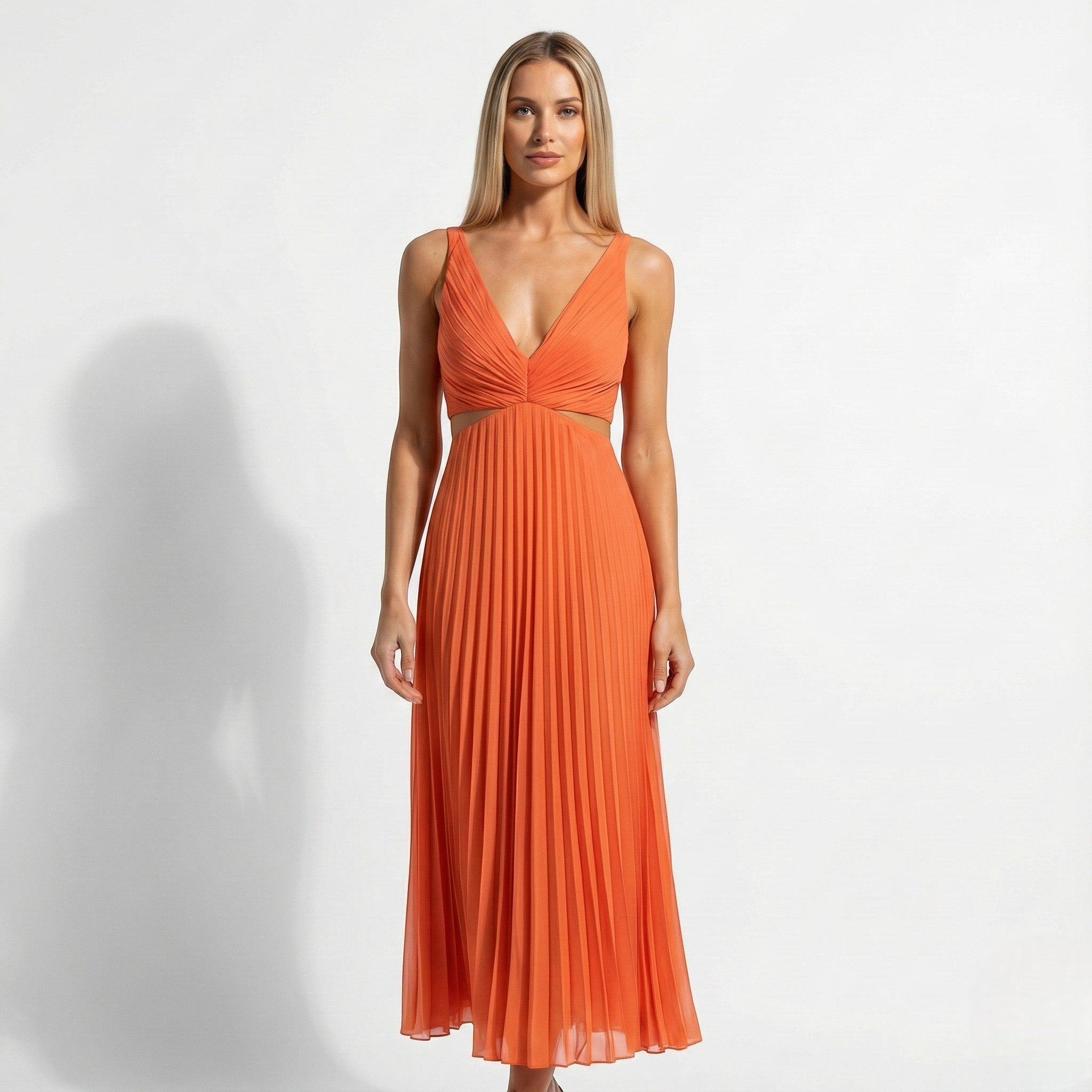 Caroline - Women's Pleated V - Neck Skirt Dress - Dress - Orange - Jones & Smith