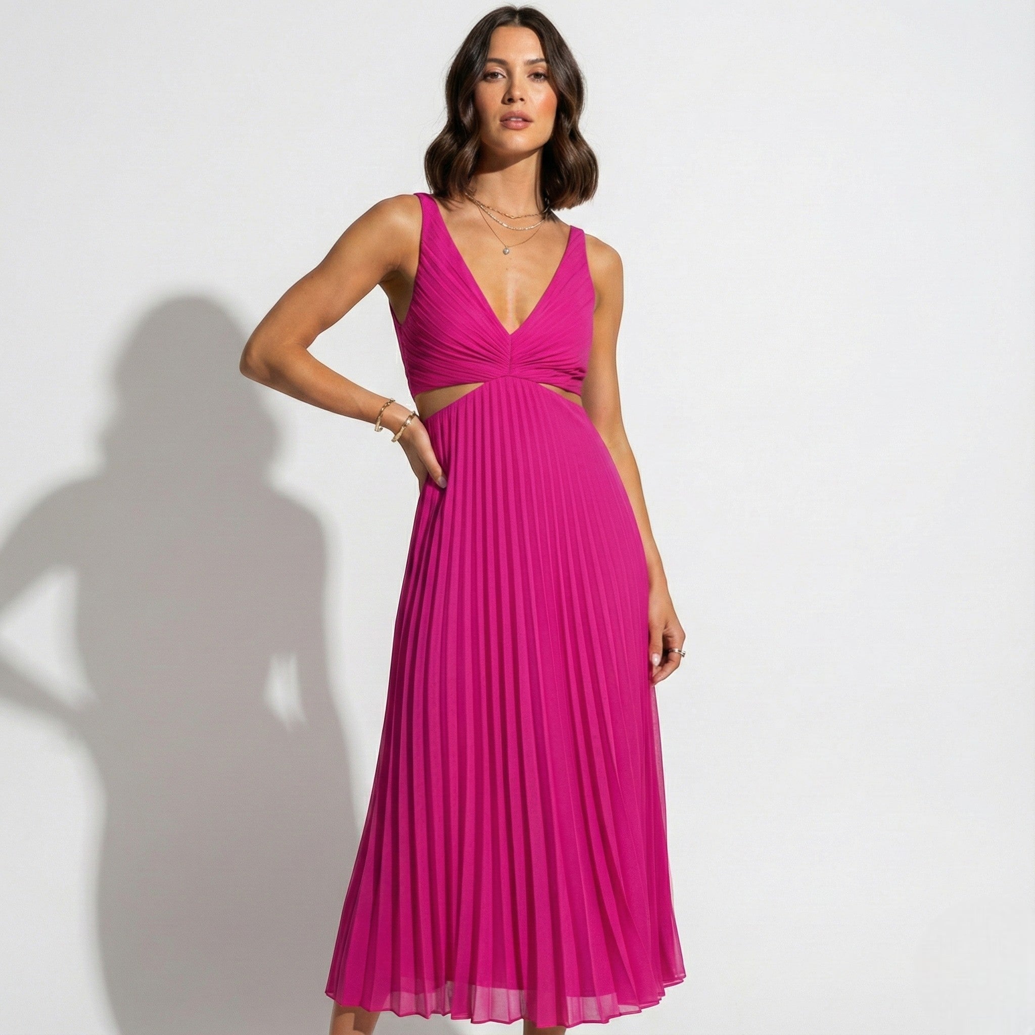 Caroline - Women's Pleated V - Neck Skirt Dress - Dress - Pink - Jones & Smith